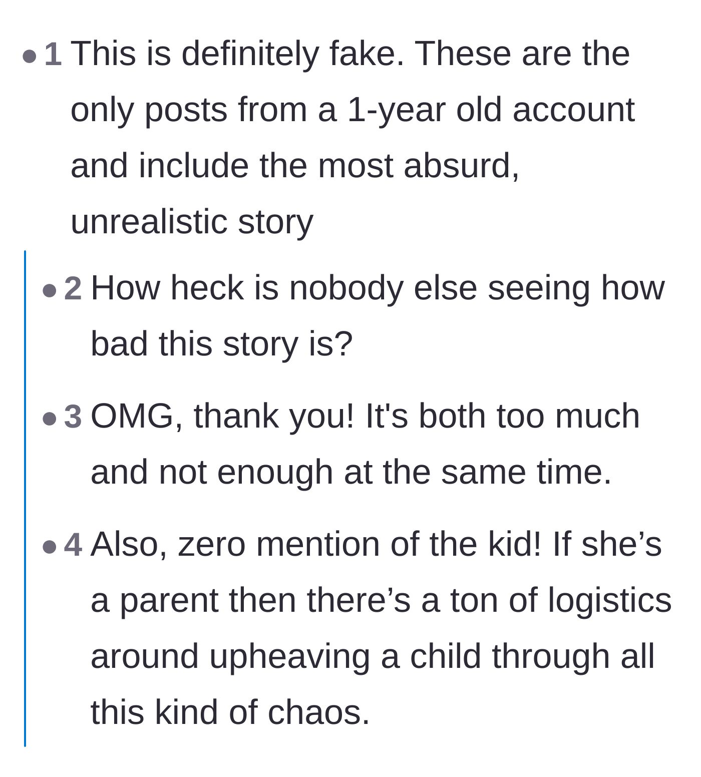 Comment thread 6 - Skeptical readers pointing out the unrealistic pacing of the story and the missing logistical details about her child.