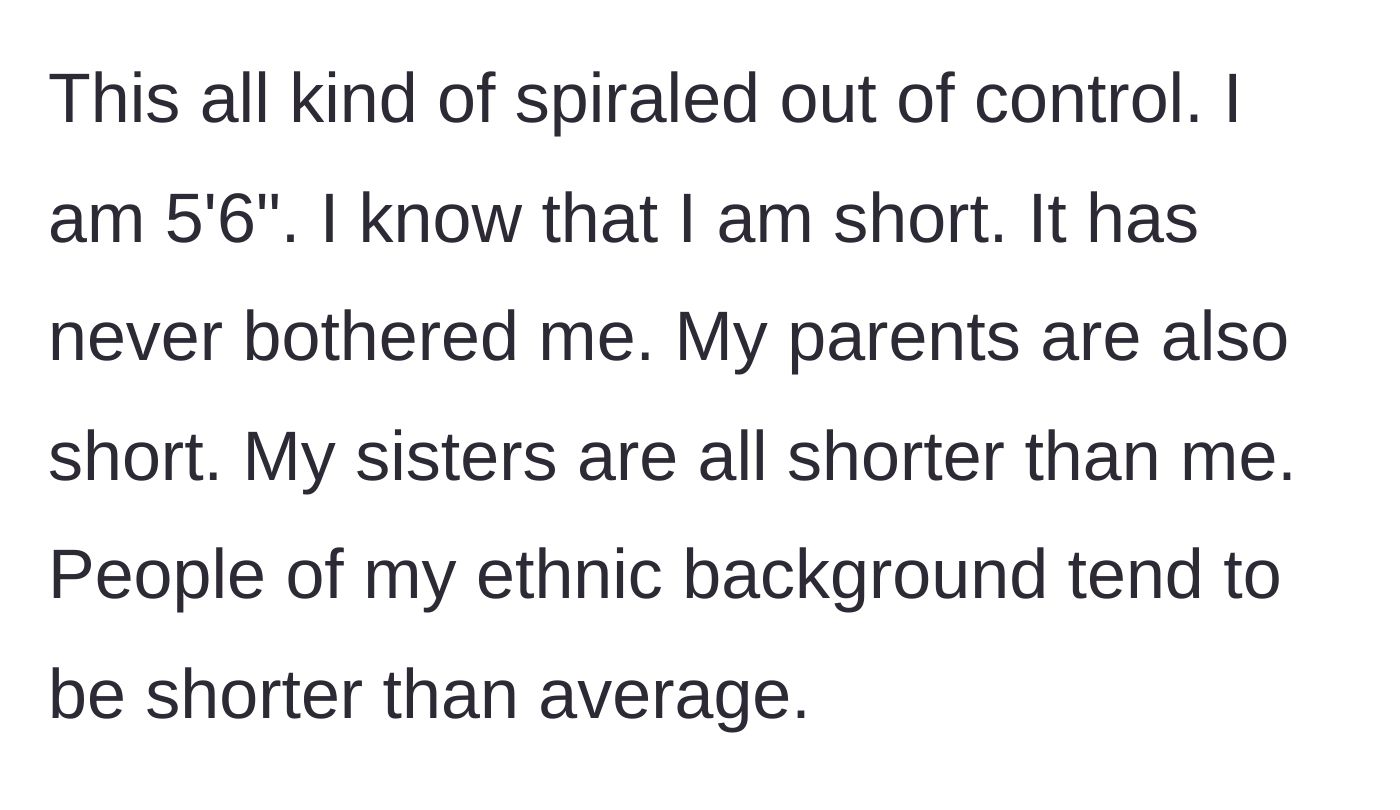 Story part 1 - The main character establishes his height and ethnic background as a non-issue in his personal life.