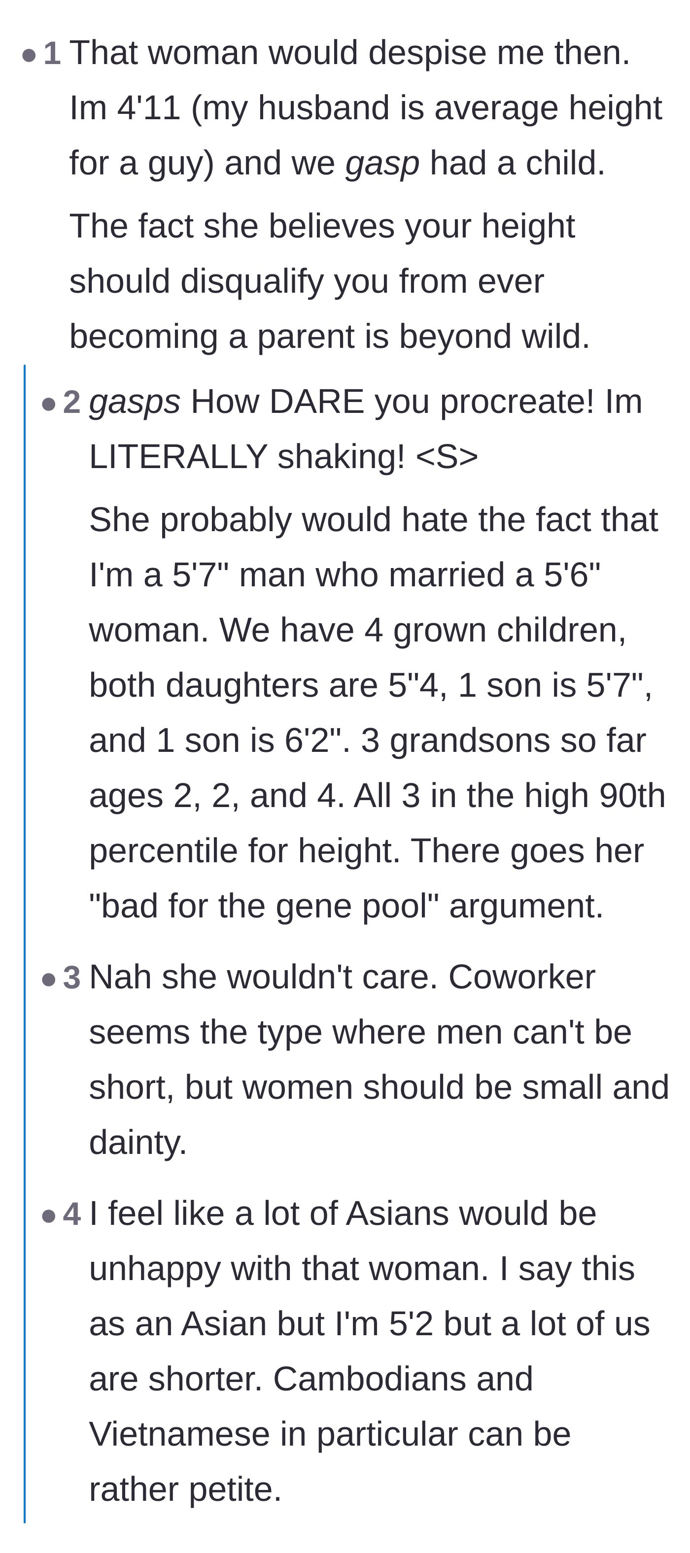 Comment thread 1 - Readers sharing personal stories of short parents having tall children, debunking the coworker's genetic theories.
