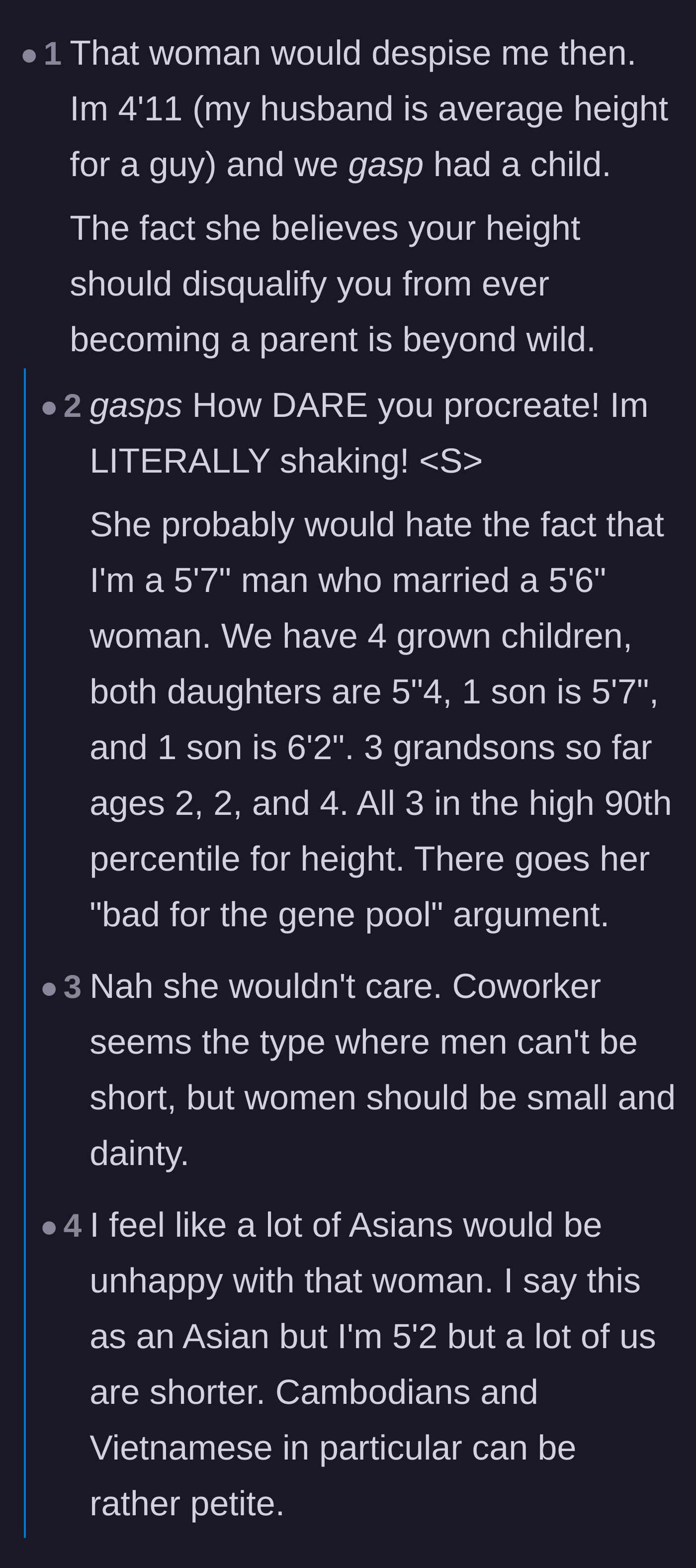 Comment thread 1 - Readers sharing personal stories of short parents having tall children, debunking the coworker's genetic theories.