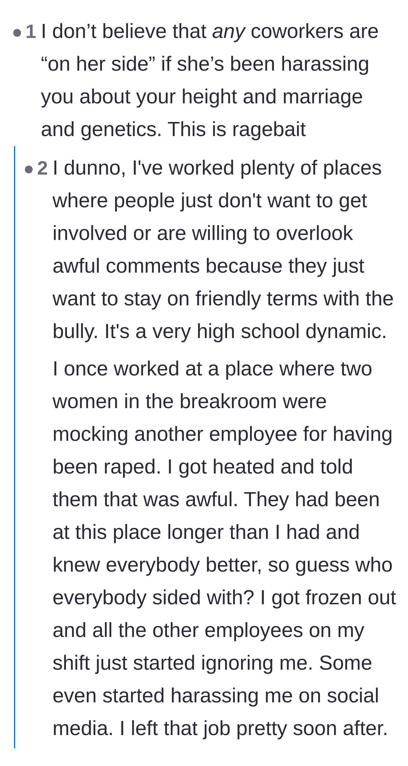 Comment thread 5 - A dark reality check proving that herd mentality and workplace bullying are very real phenomena.