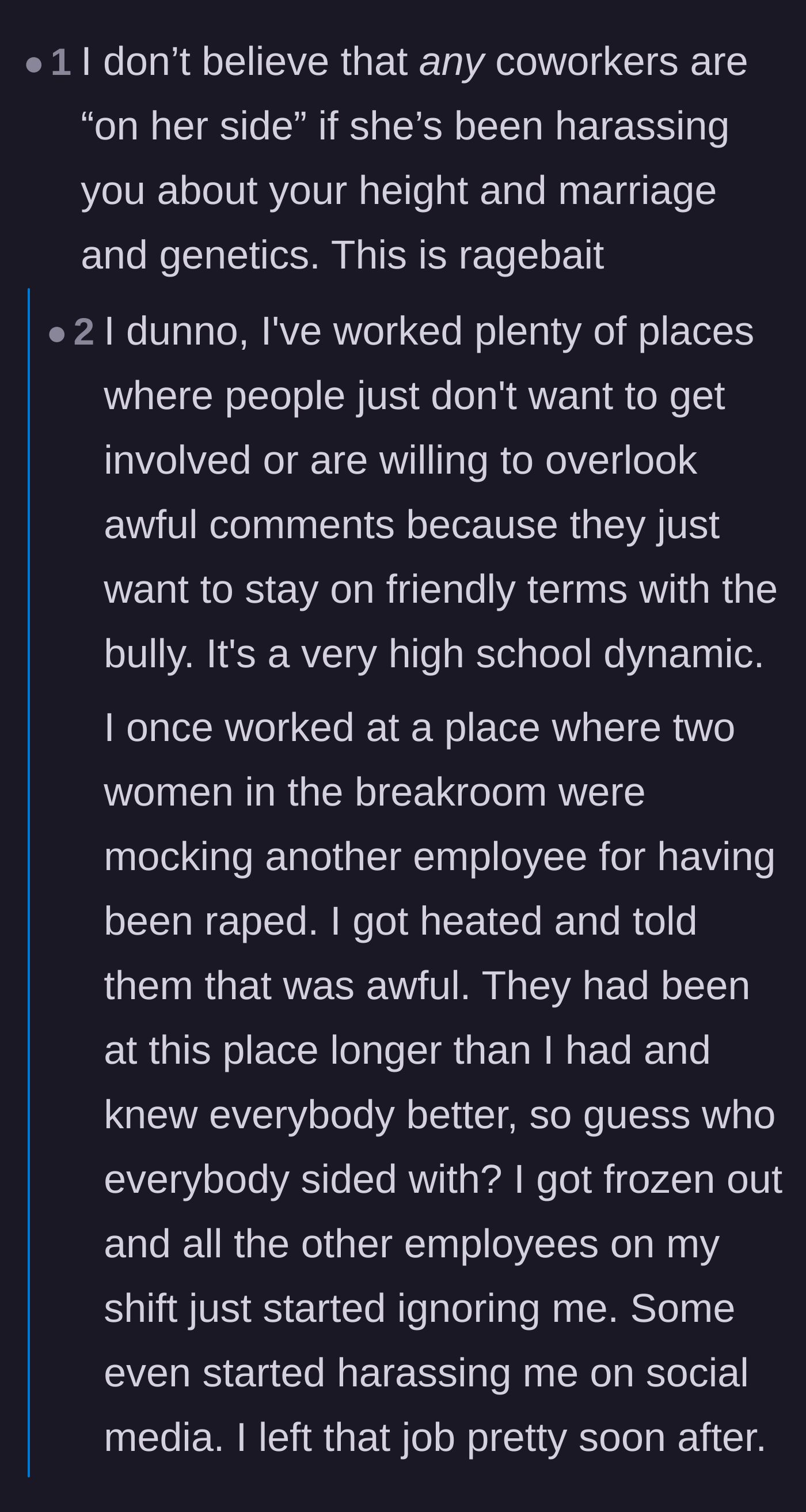 Comment thread 5 - A dark reality check proving that herd mentality and workplace bullying are very real phenomena.