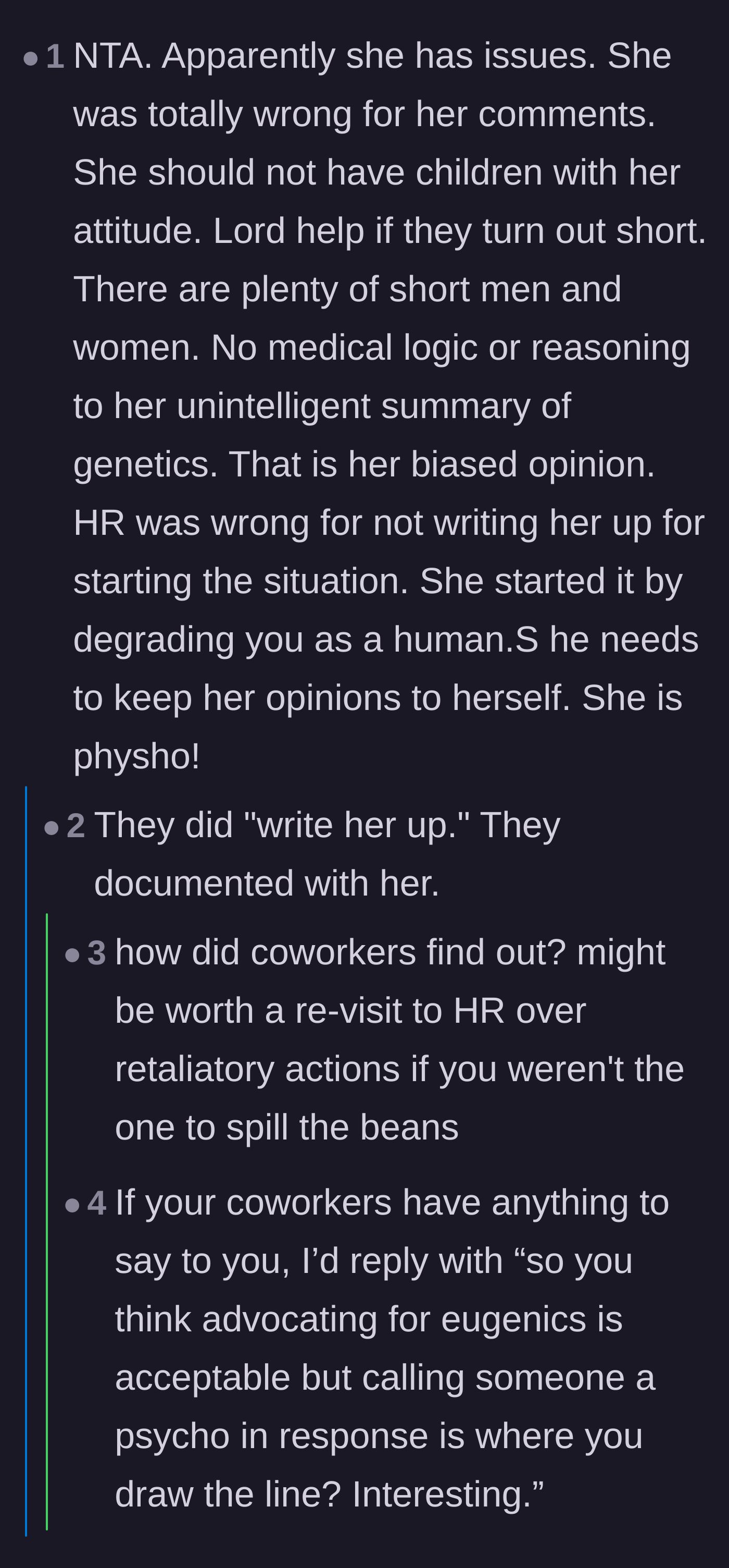 Comment thread 6 - Advice on how to verbally shut down the gossiping coworkers by exposing their flawed logic.