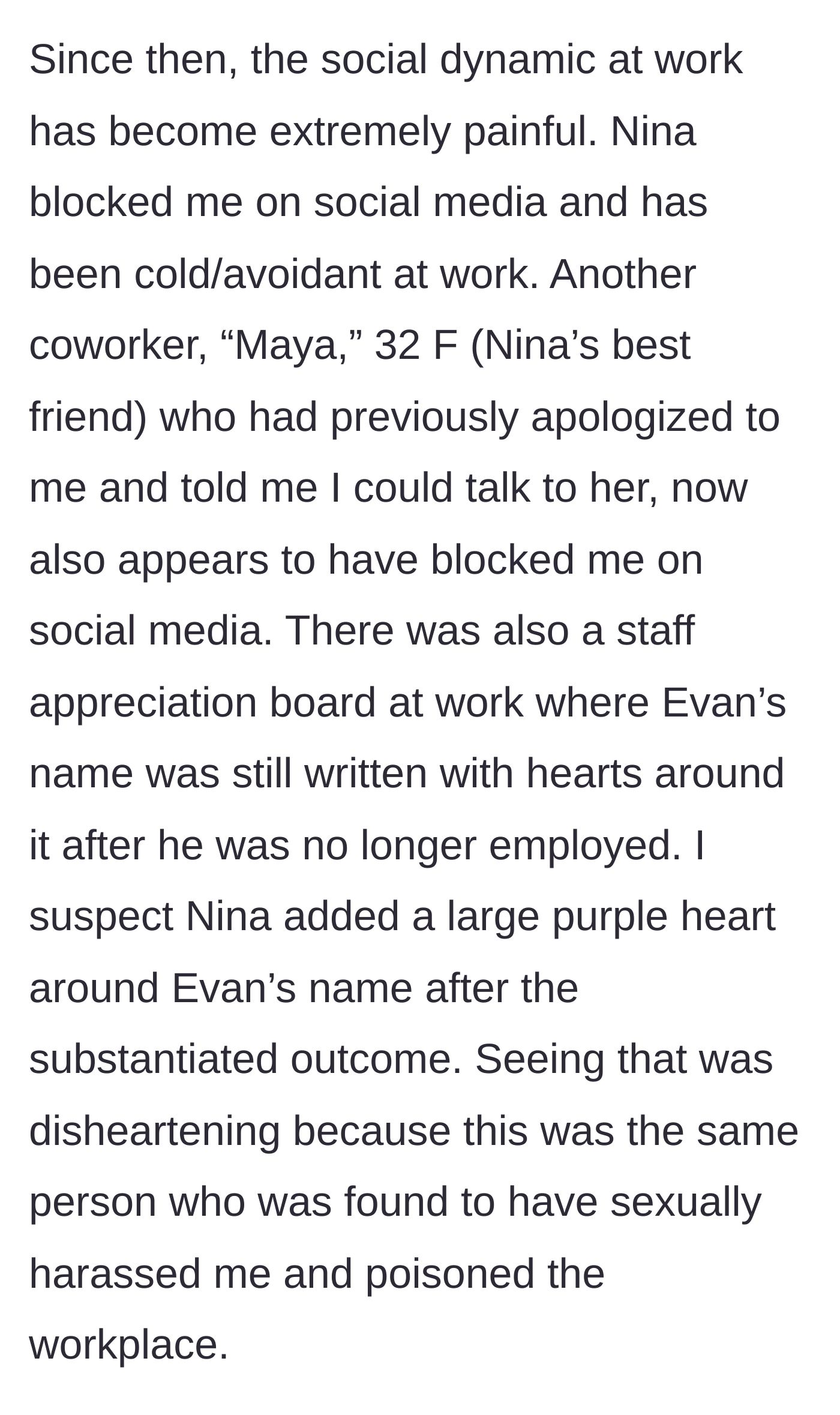 Story part 3 - Coworkers acting coldly and leaving a heart around the fired supervisor's name.