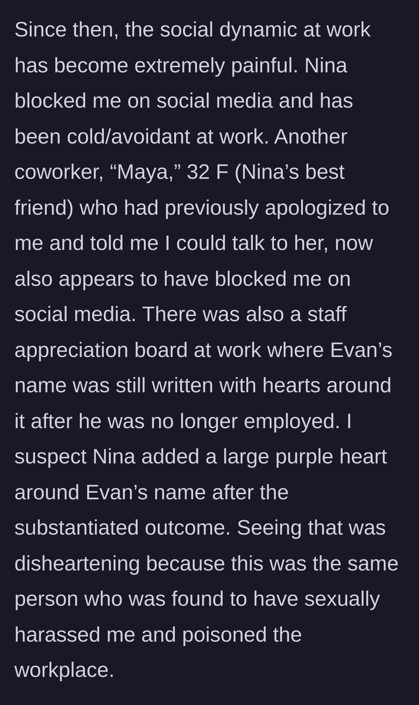 Story part 3 - Coworkers acting coldly and leaving a heart around the fired supervisor's name.