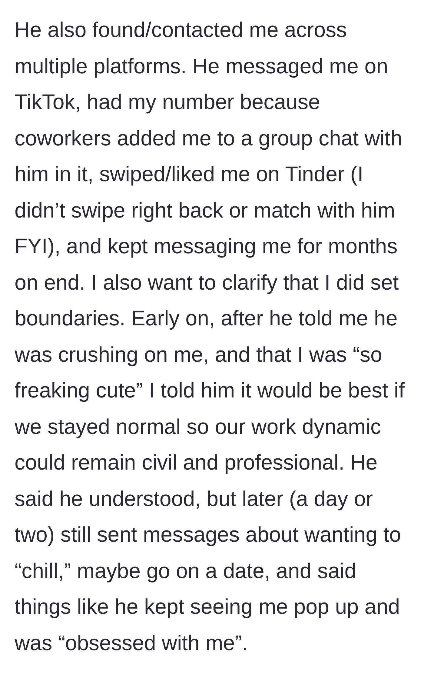 Story part 8 - The supervisor digitally stalking him across multiple apps despite early boundary setting.