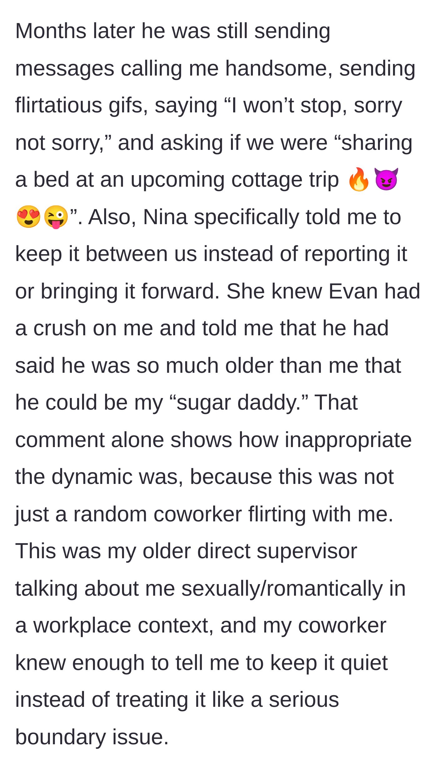 Story part 9 - Escalating inappropriate messages and Nina's knowledge of the 'sugar daddy' comments.