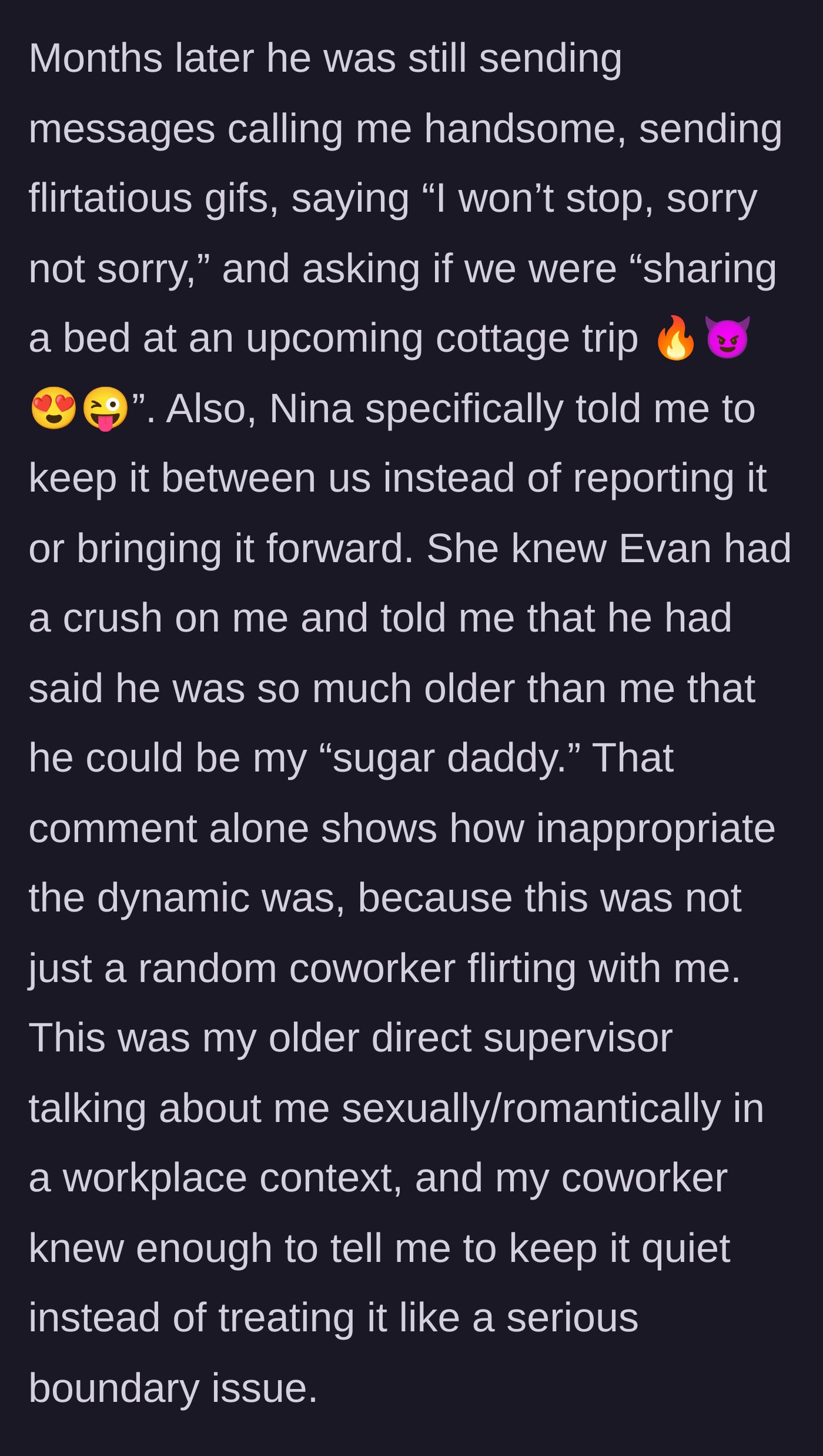 Story part 9 - Escalating inappropriate messages and Nina's knowledge of the 'sugar daddy' comments.