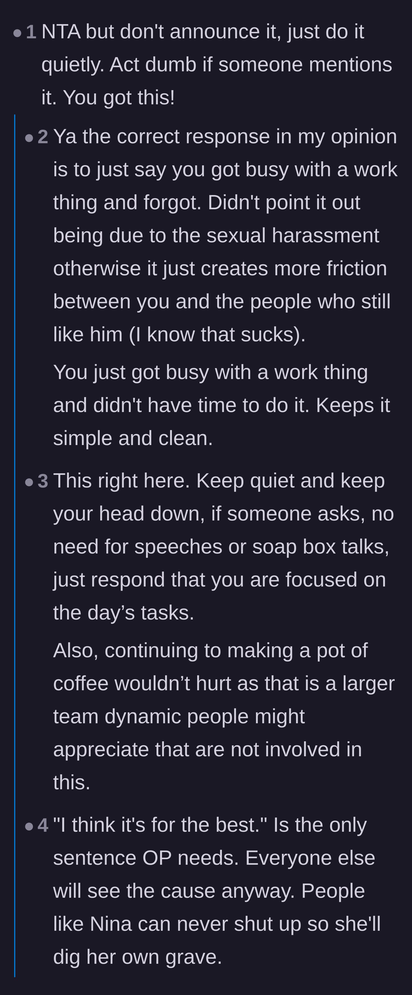 Comment thread 1 - A debate on whether the main character should use a polite excuse or tell the blunt truth about stopping personal favors.