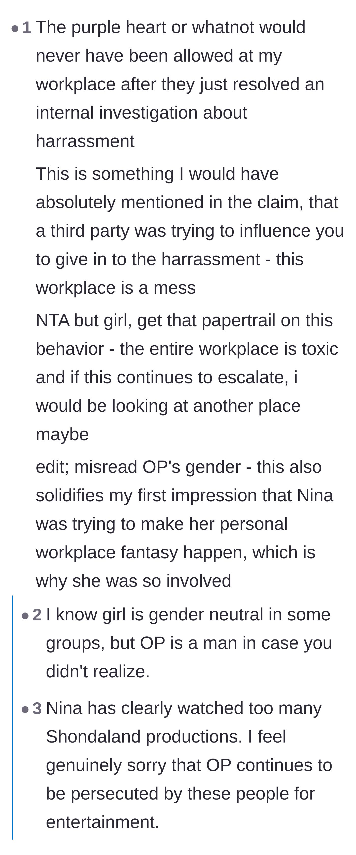 Comment thread 2 - Readers dissecting how coworker Nina seemingly fetishized the harassment as a real-life romance drama.
