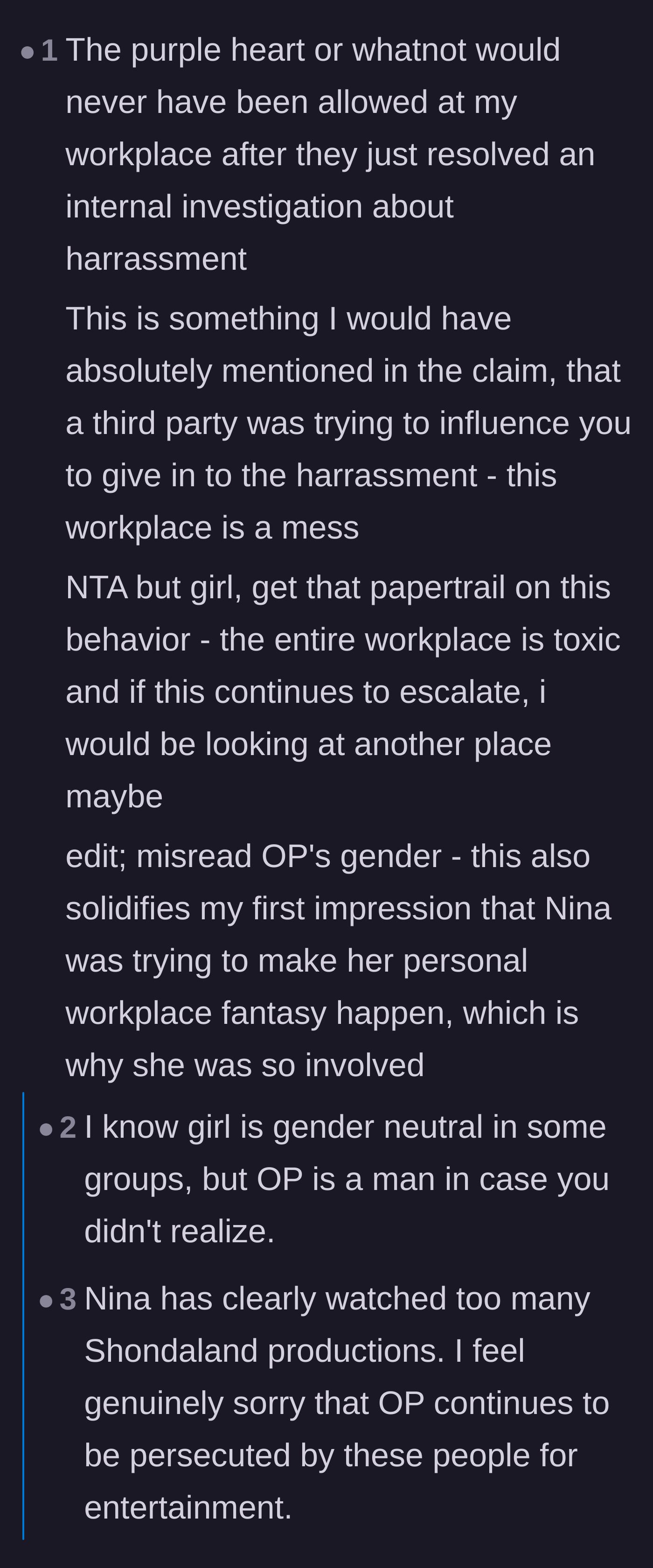 Comment thread 2 - Readers dissecting how coworker Nina seemingly fetishized the harassment as a real-life romance drama.