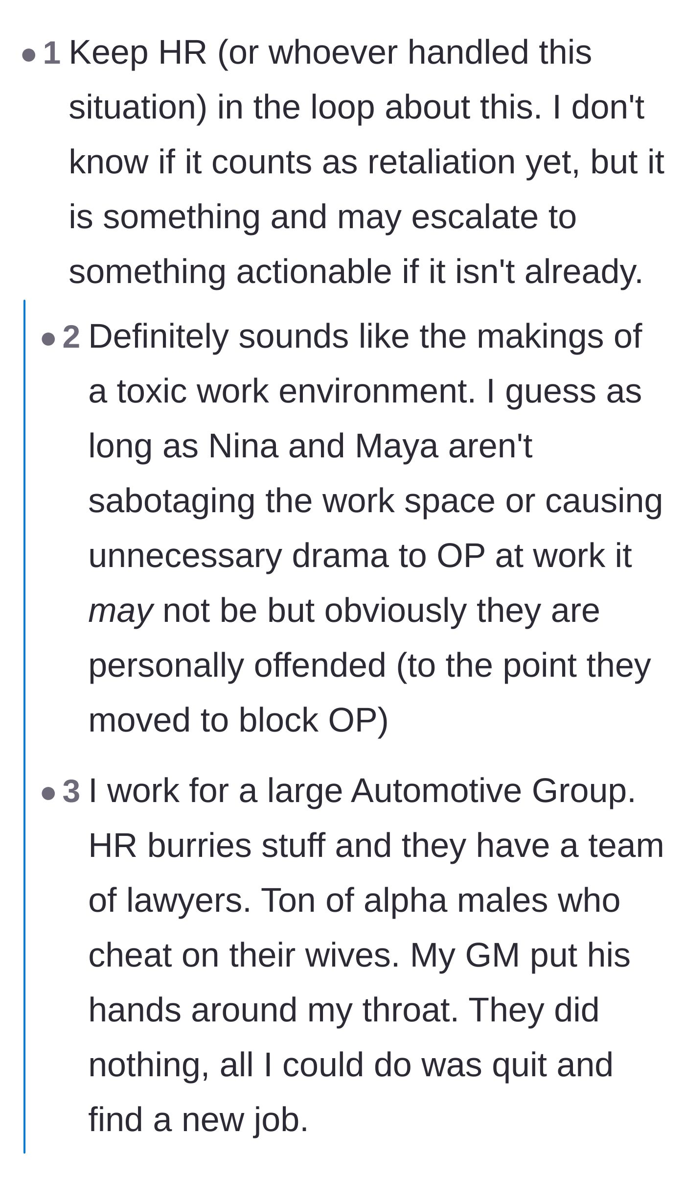 Comment thread 3 - Warnings about escalating the retaliation to HR, countered by cynical stories of HR protecting the company.