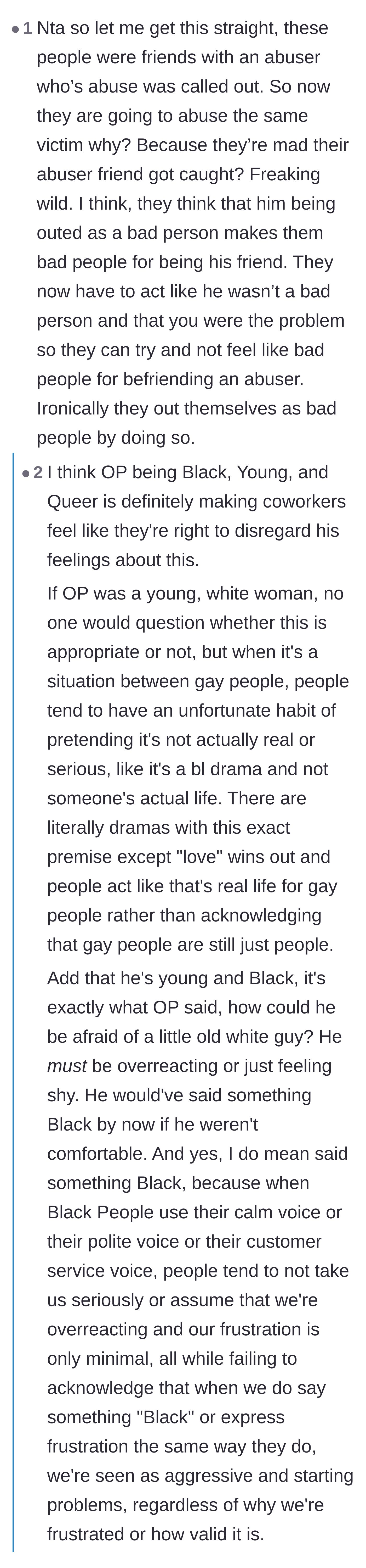 Comment thread 5 - Analyzing how the main character's race, age, and sexuality made his coworkers dismissive of the harassment.