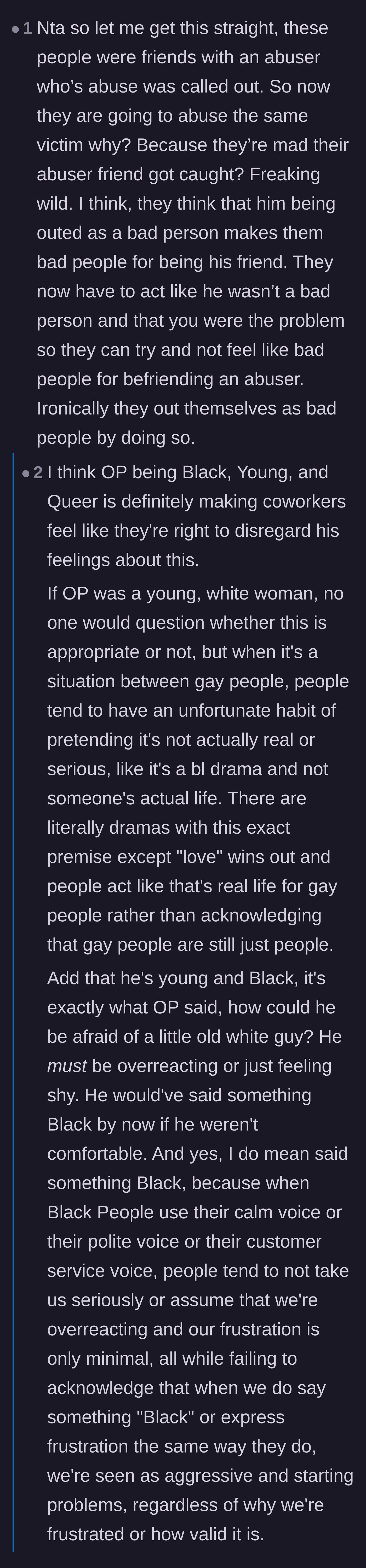 Comment thread 5 - Analyzing how the main character's race, age, and sexuality made his coworkers dismissive of the harassment.