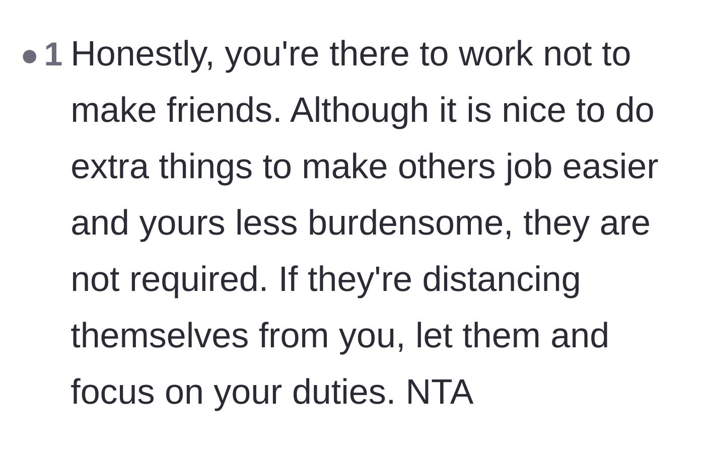Comment thread 6 - Straightforward advice reminding the main character that coworkers are not guaranteed friends.