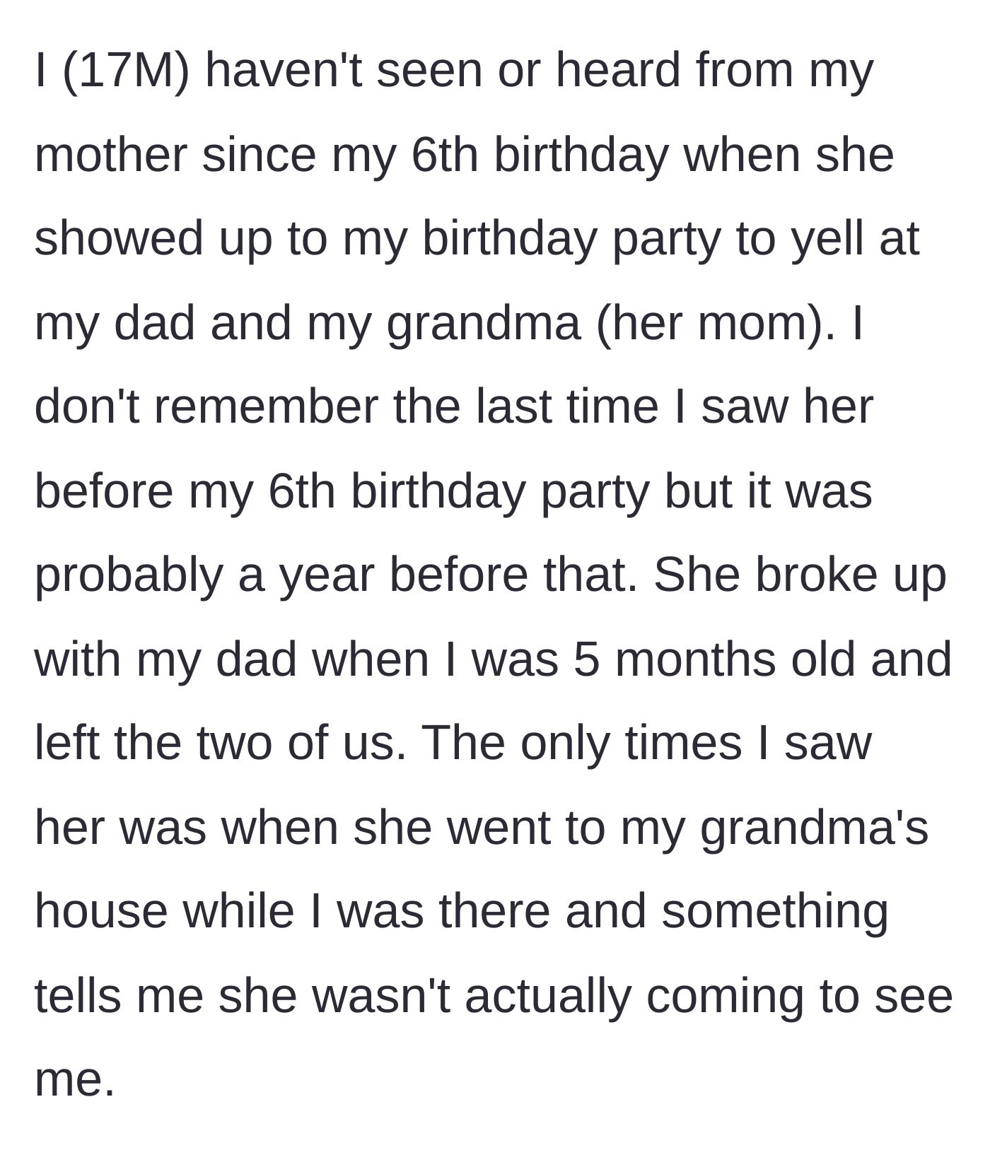 Story part 1 - Mother abandons her son as an infant and causes a scene at his sixth birthday party