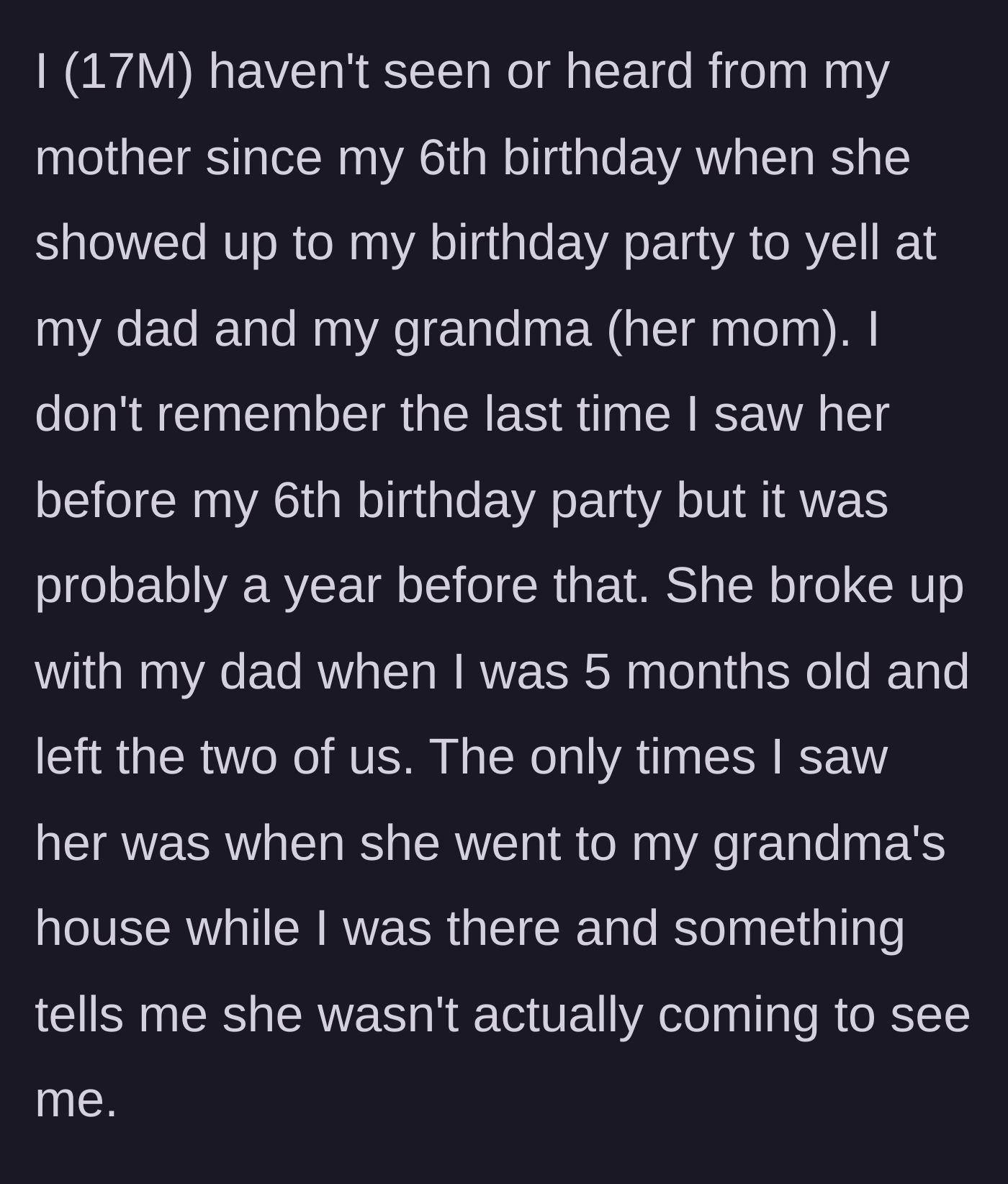 Story part 1 - Mother abandons her son as an infant and causes a scene at his sixth birthday party