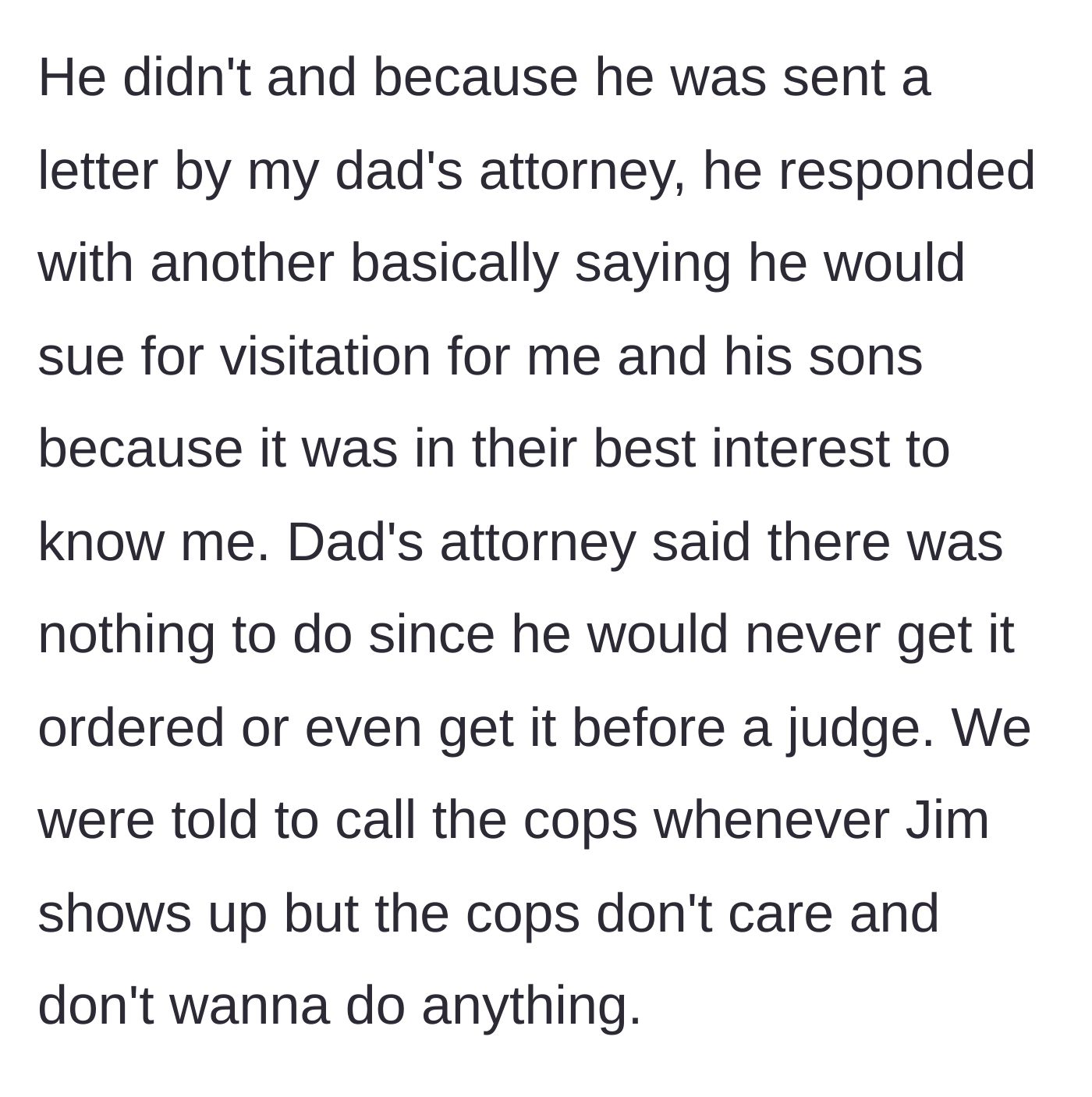 Story part 6 - Jim threatens a baseless lawsuit for visitation rights to the teenager