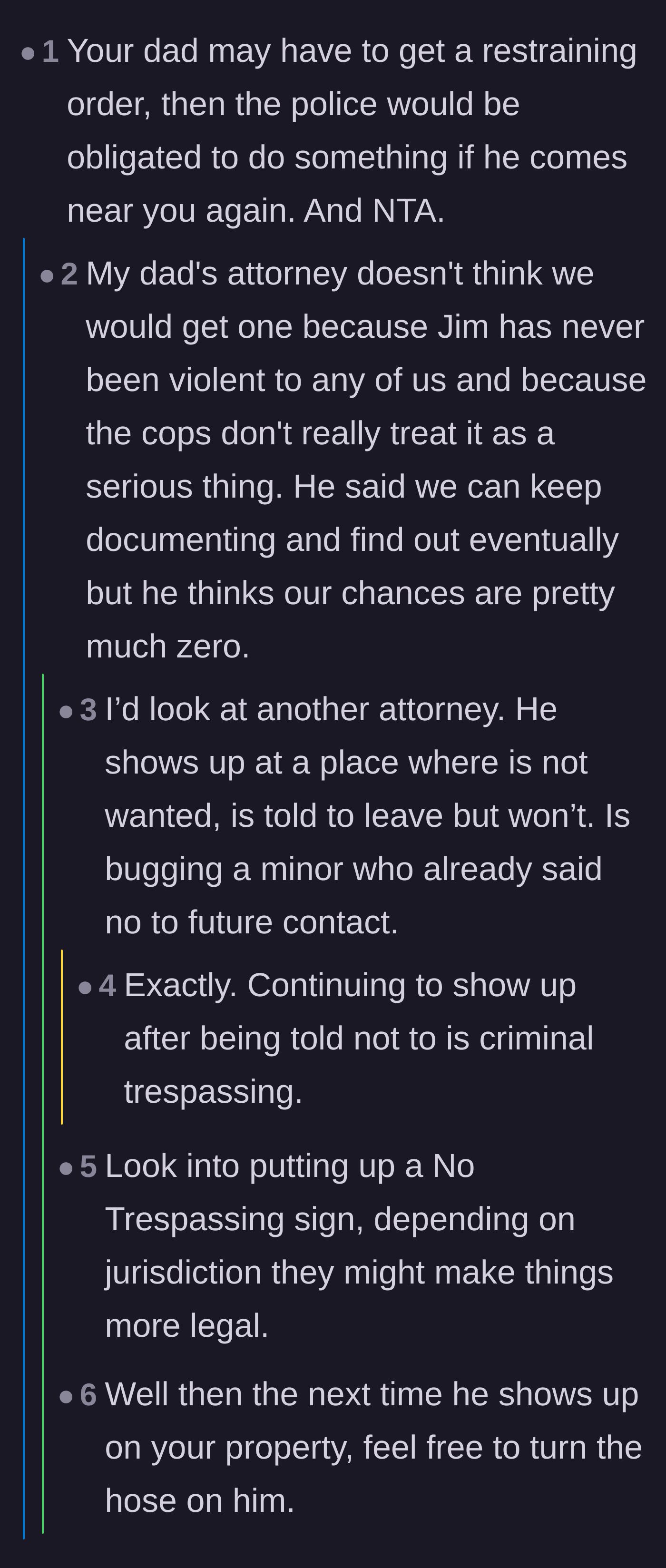 Comment thread 3 - A discussion on how to legally trespass the stepdad since the police and lawyers refuse to help.