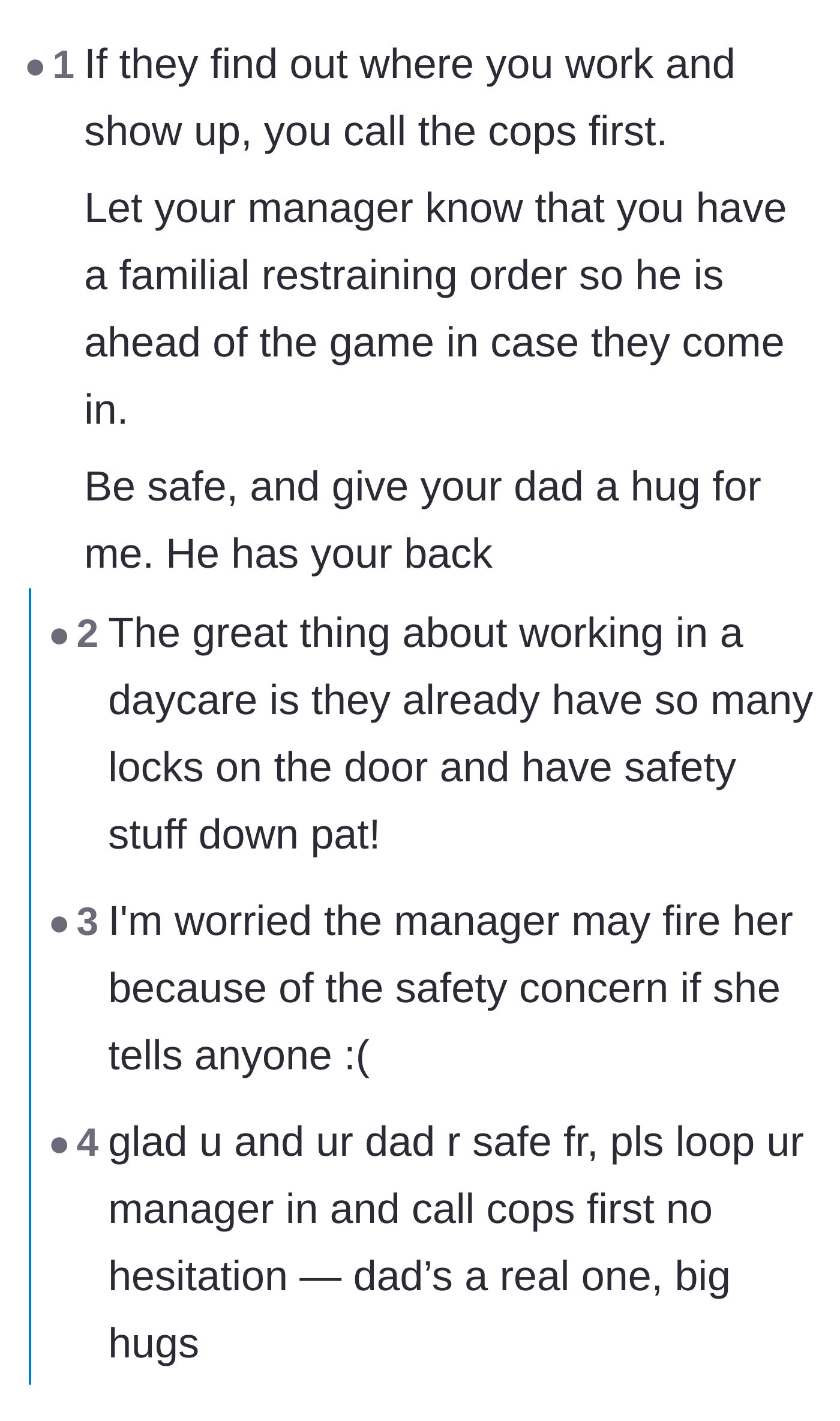 Comment thread 1 - Detailed advice and a draft email for notifying an employer about a familial restraining order.