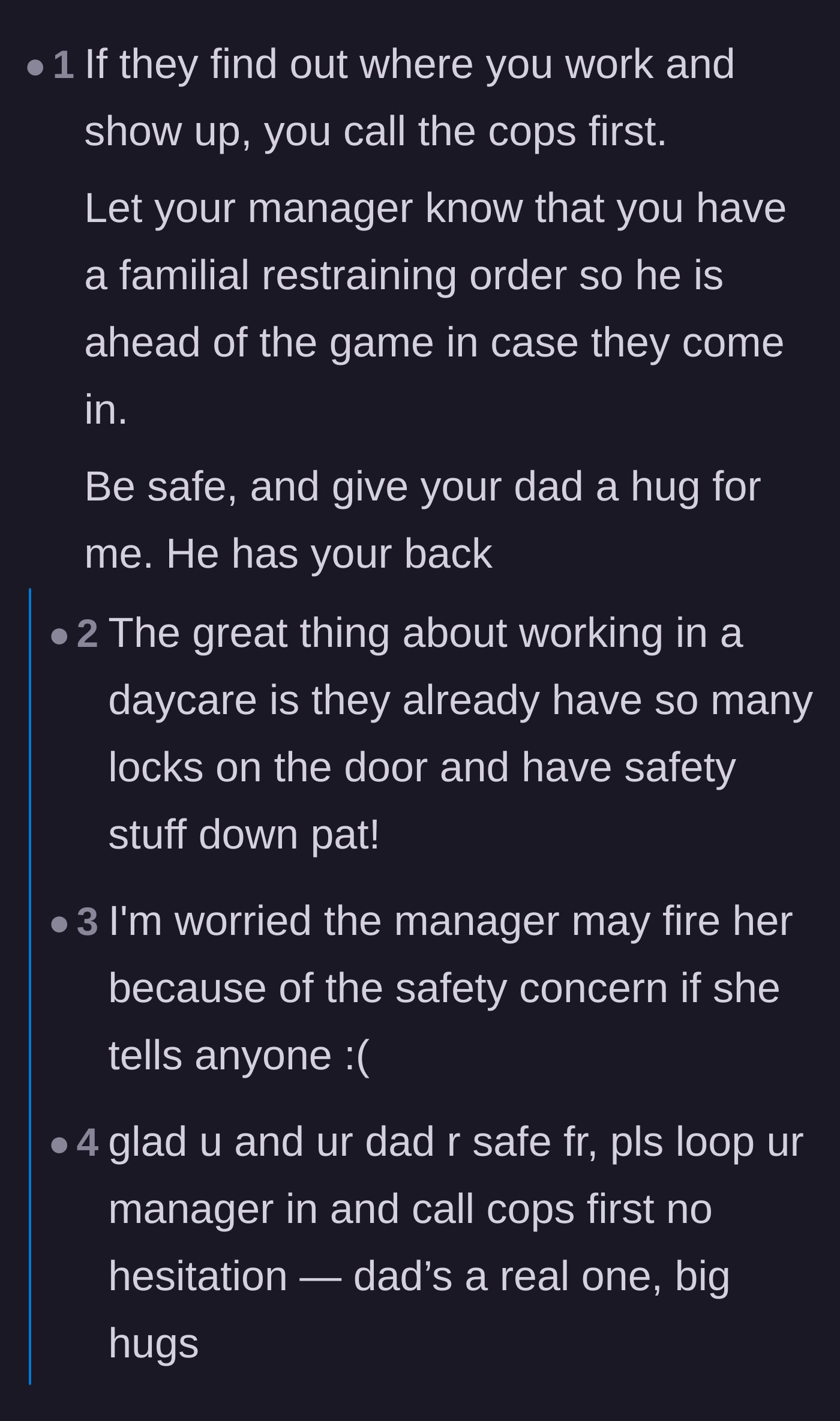 Comment thread 1 - Detailed advice and a draft email for notifying an employer about a familial restraining order.