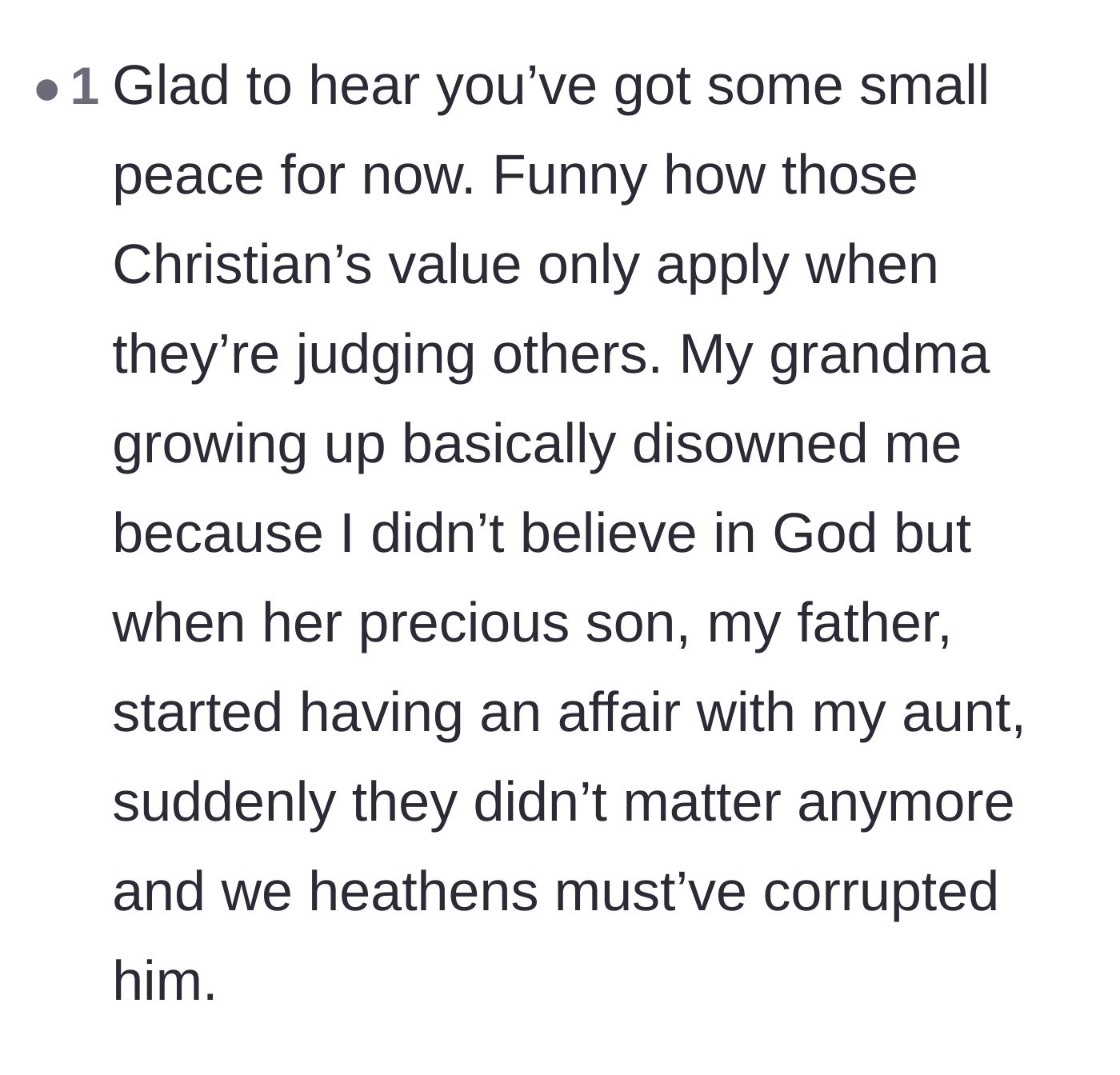 Comment thread 4 - A reader sharing their own experience with hypocritical family dynamics.
