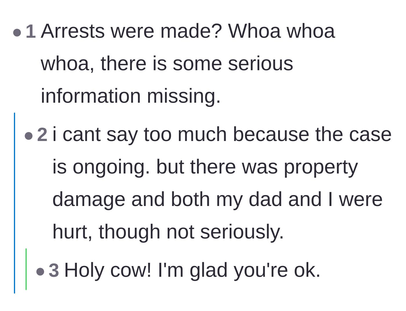 Comment thread 5 - The author clarifies that arrests were made due to minor injuries and property damage.