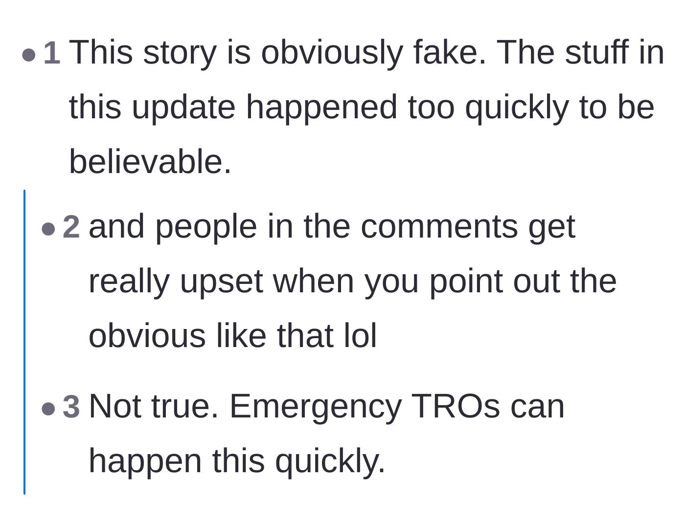 Comment thread 6 - A debate over the realistic timeline of obtaining emergency restraining orders.