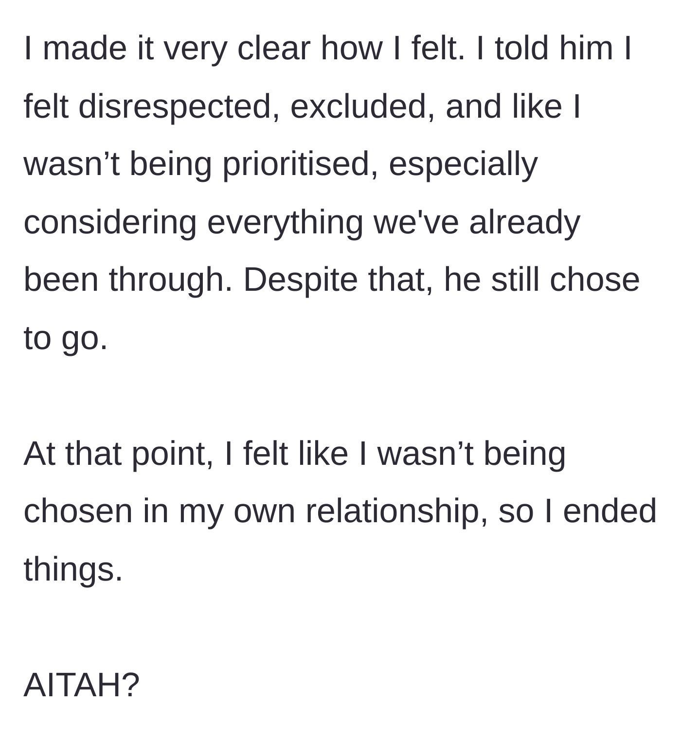 Story part 5 - The author tearfully expresses feeling disrespected and unprioritized, and when the partner still chooses to go to the wedding, the author bravely ends the relationship.