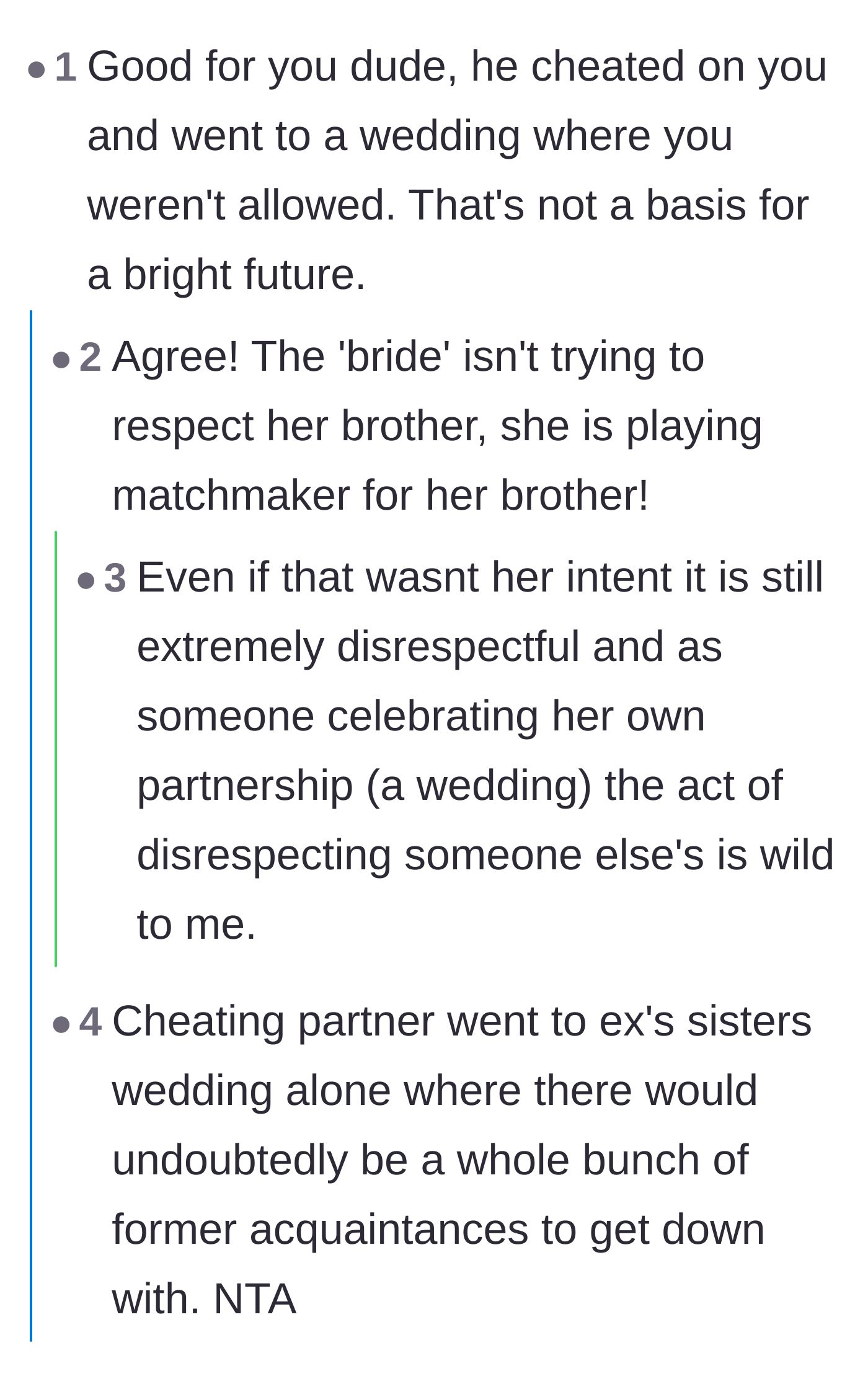 Comment thread 1 - Readers speculating that the bride had an ulterior motive to matchmake her brother with the cheating partner.