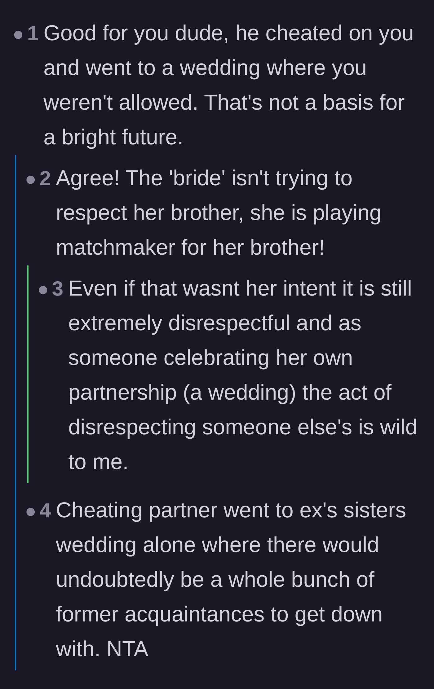 Comment thread 1 - Readers speculating that the bride had an ulterior motive to matchmake her brother with the cheating partner.
