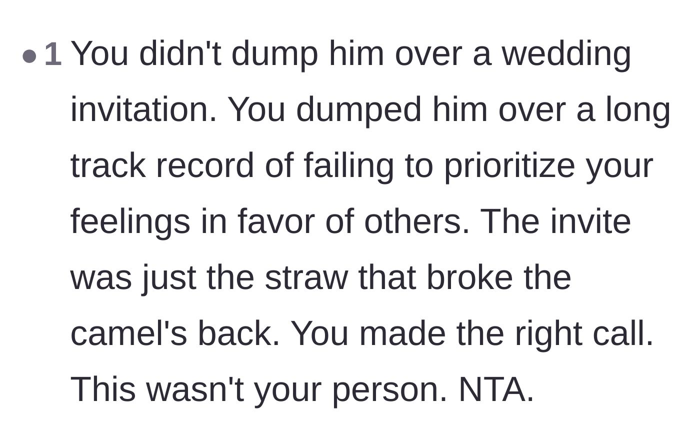 Comment thread 2 - A user pointing out that the breakup was about a long history of neglect, not just a single piece of mail.