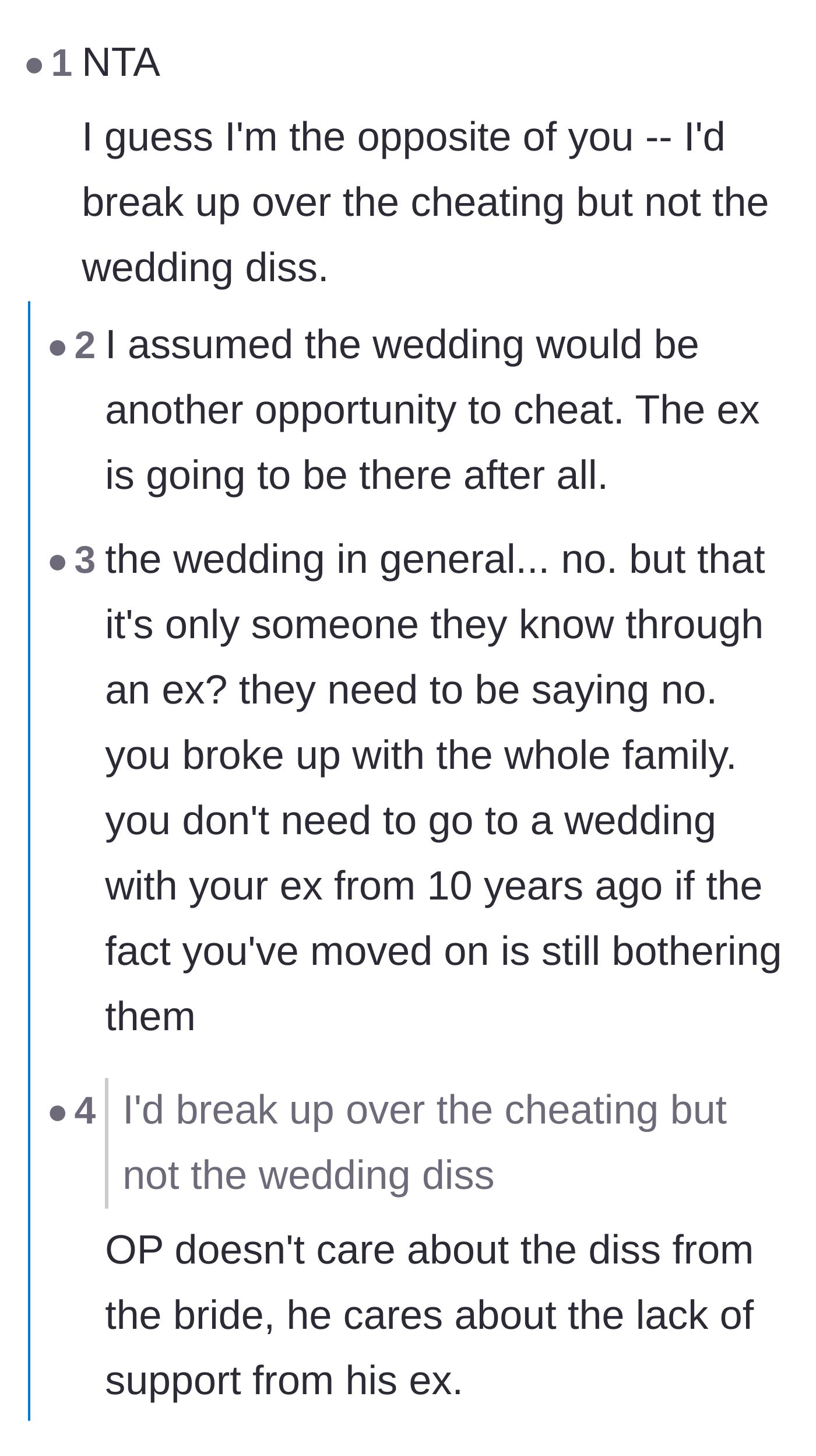 Comment thread 3 - A debate on whether the cheating or the wedding exclusion was the bigger betrayal, and why the lack of partner support hurts the most.