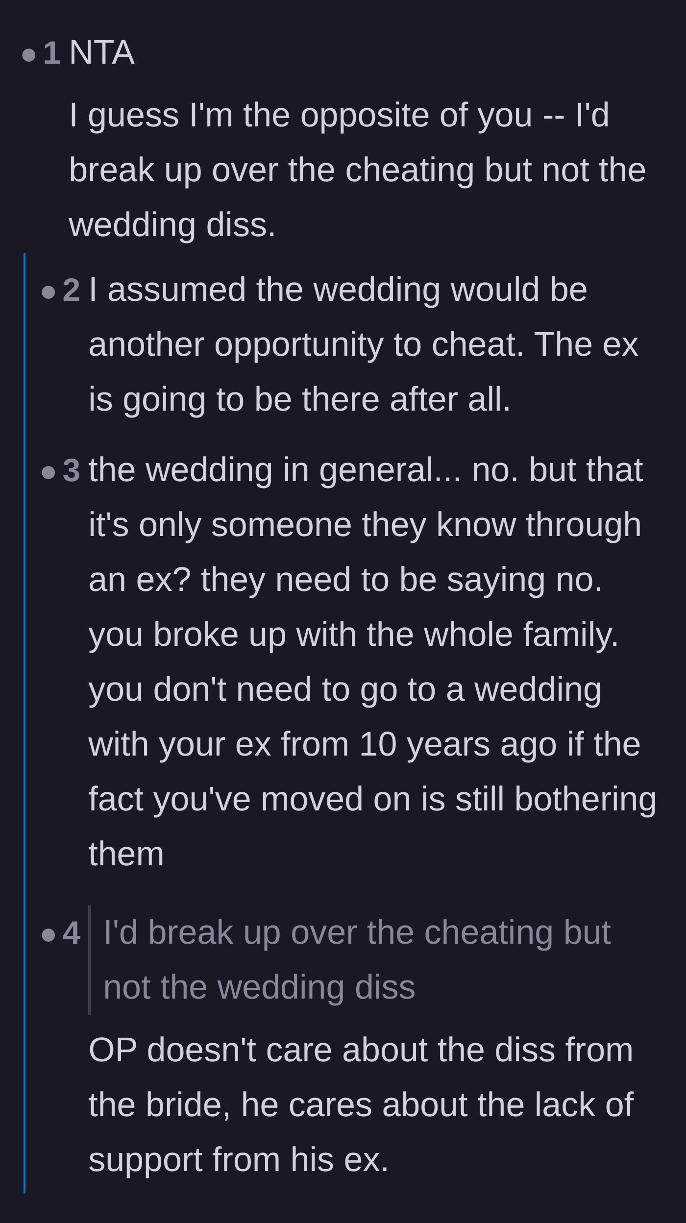 Comment thread 3 - A debate on whether the cheating or the wedding exclusion was the bigger betrayal, and why the lack of partner support hurts the most.
