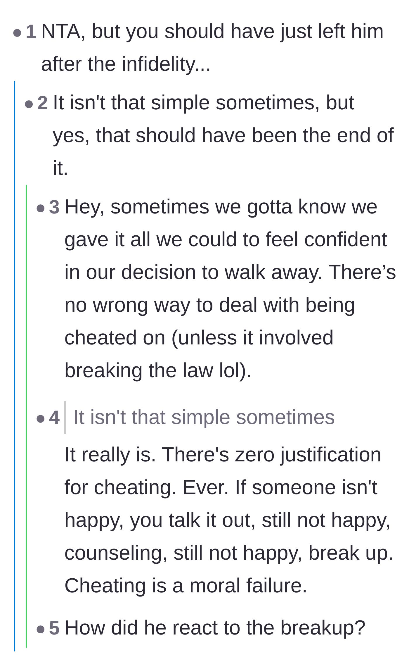 Comment thread 4 - Readers discussing the difficulty of leaving after infidelity and validating the author's agonizing attempt to try couples therapy first.