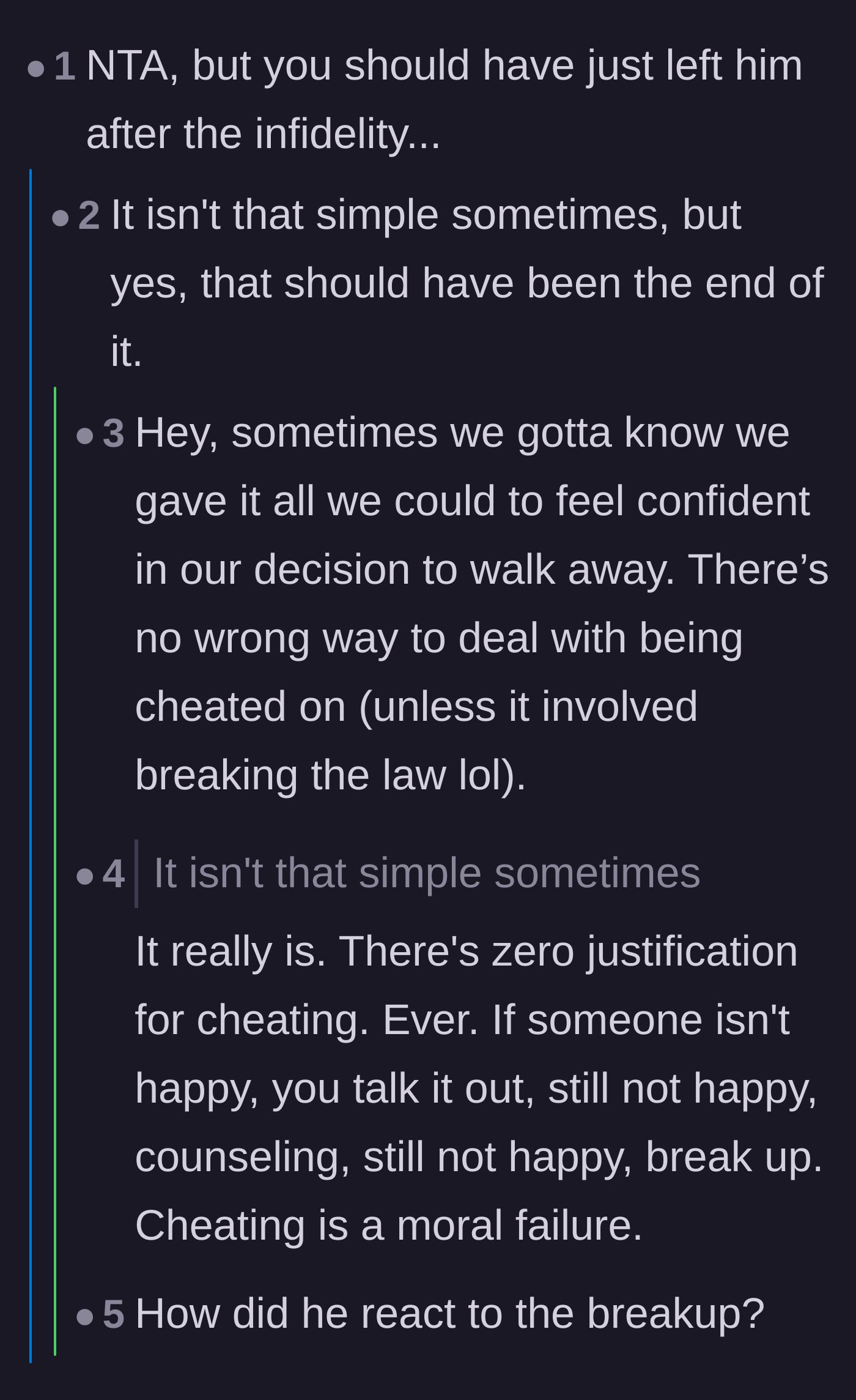 Comment thread 4 - Readers discussing the difficulty of leaving after infidelity and validating the author's agonizing attempt to try couples therapy first.