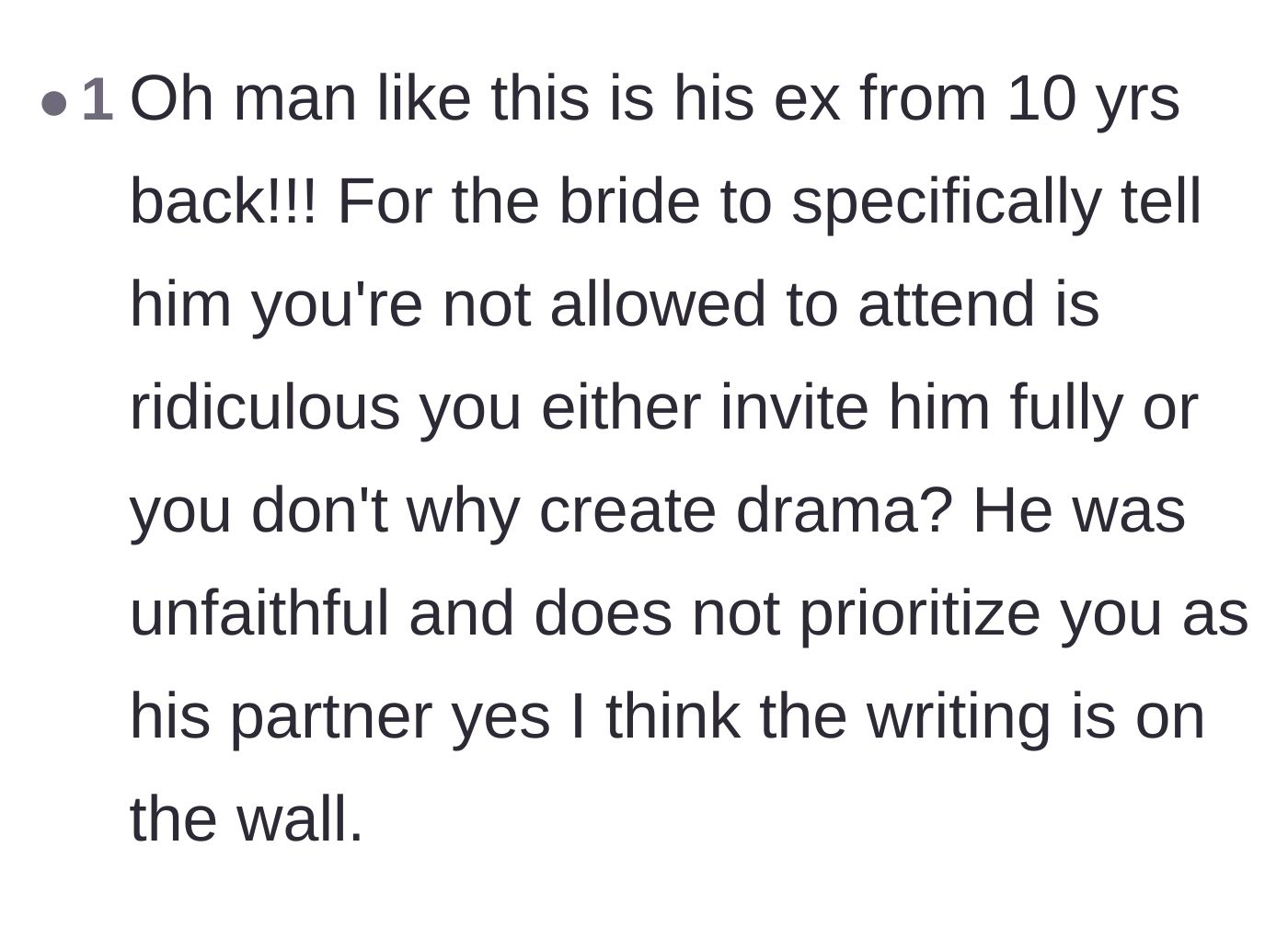 Comment thread 5 - Outrage over the bride's audacity to create unnecessary drama over a ten-year-old breakup.