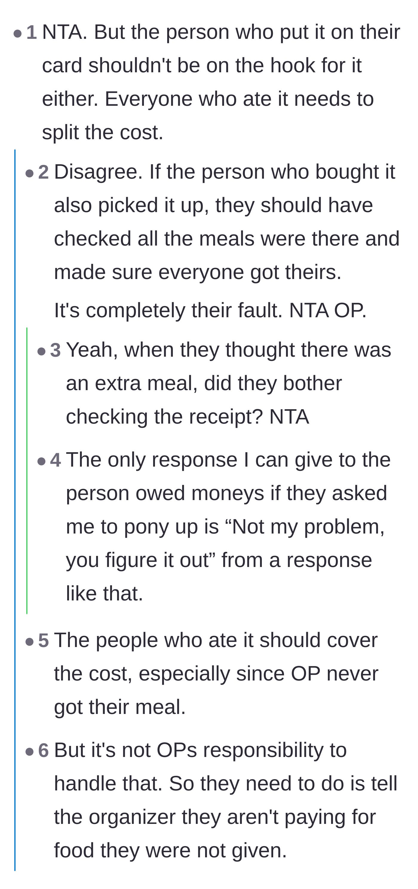 Comment thread 1 - A debate dissecting whether the careless organizer or the opportunistic coworkers should swallow the cost of the eaten lunch.