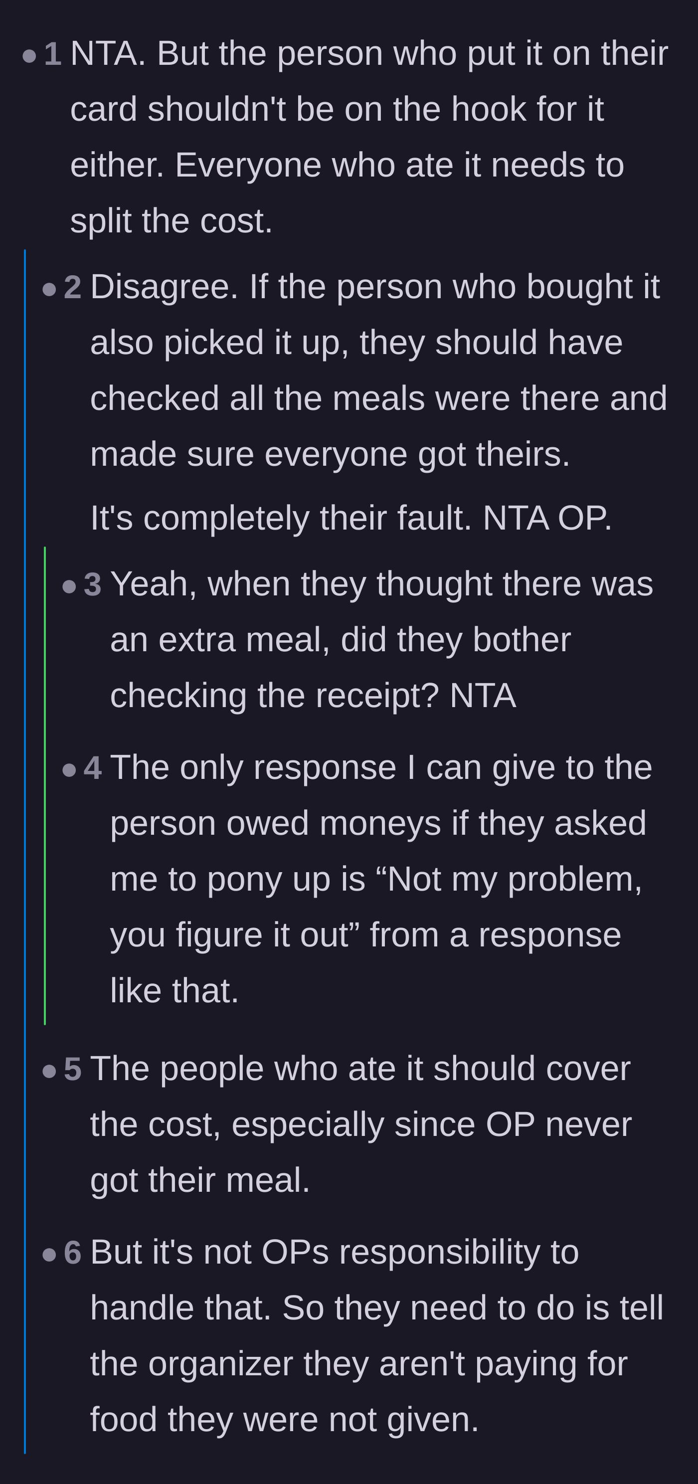 Comment thread 1 - A debate dissecting whether the careless organizer or the opportunistic coworkers should swallow the cost of the eaten lunch.