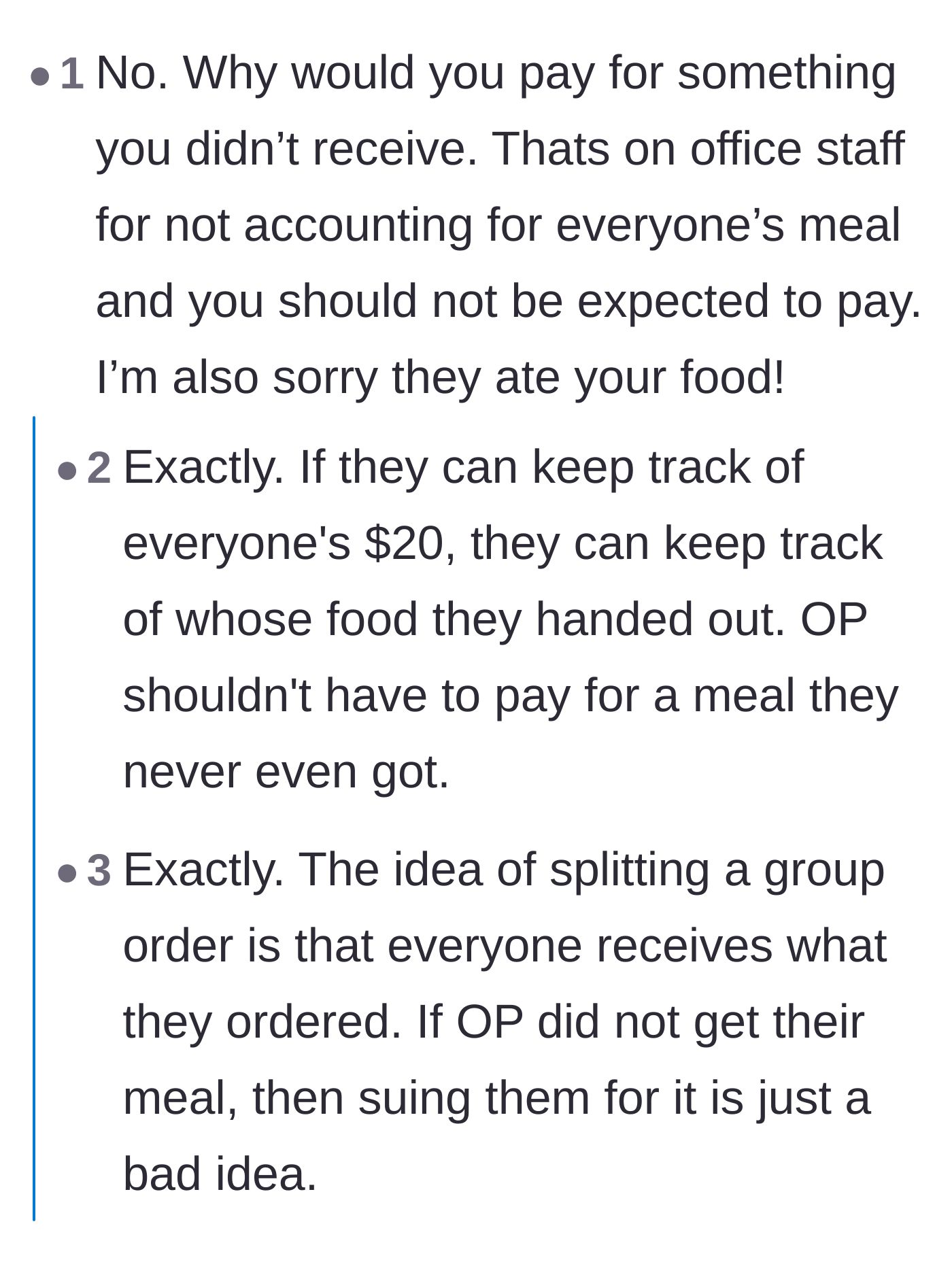 Comment thread 2 - Readers agreeing that paying for a missing meal is an absurd expectation and entirely the fault of the office staff.