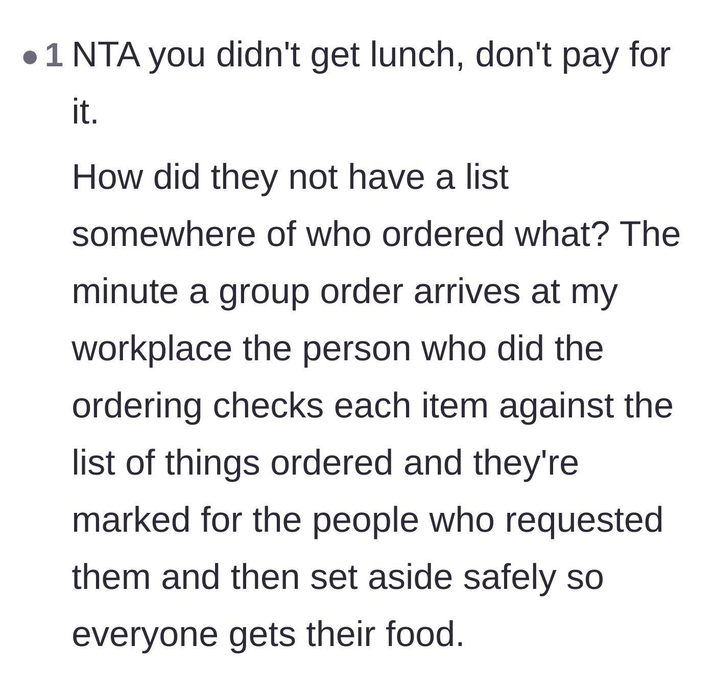 Comment thread 5 - A user shares how their own workplace effectively manages group orders by safely setting aside assigned meals.