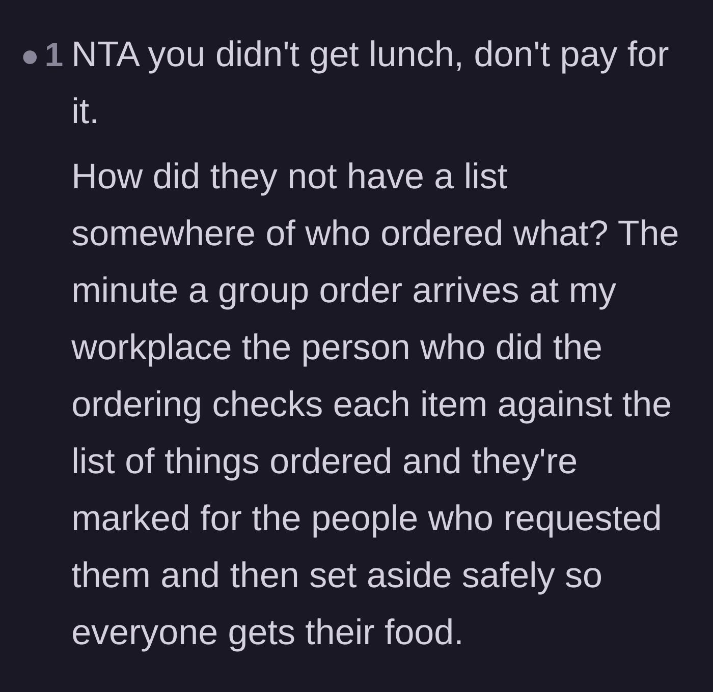 Comment thread 5 - A user shares how their own workplace effectively manages group orders by safely setting aside assigned meals.