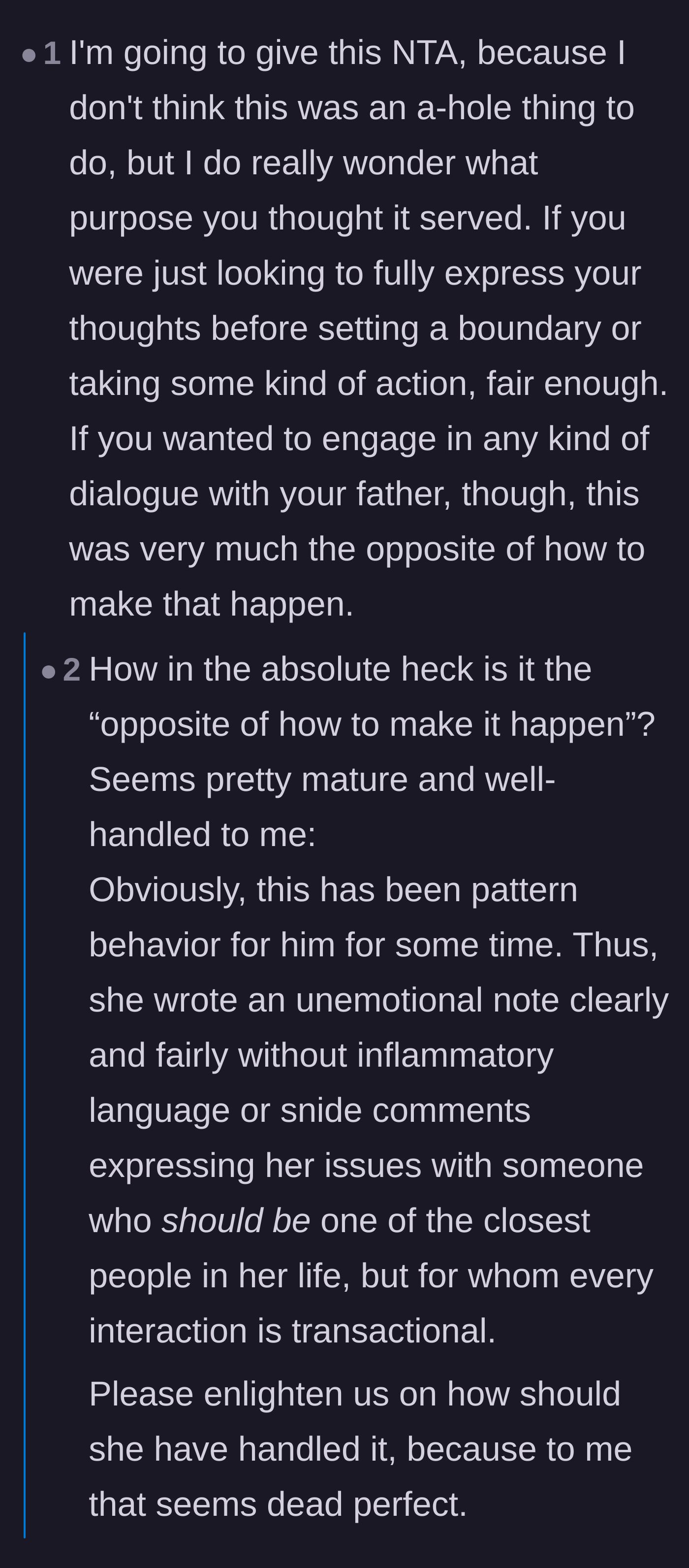 Comment thread 1 - A heated debate about whether the author's confrontation text was meant for catharsis or was a futile attempt at starting a productive dialogue.