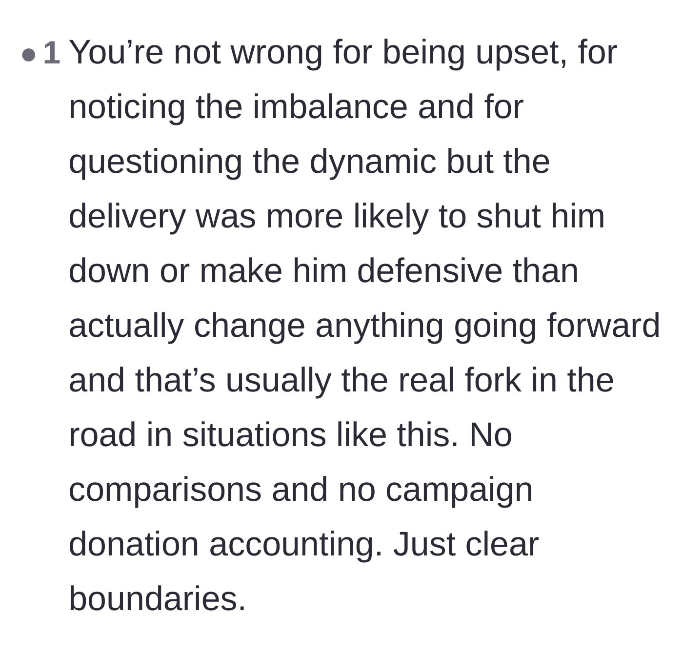 Comment thread 6 - A critique suggesting the text's comparisons were too defensive and that the author should have just set clear boundaries without the accounting.