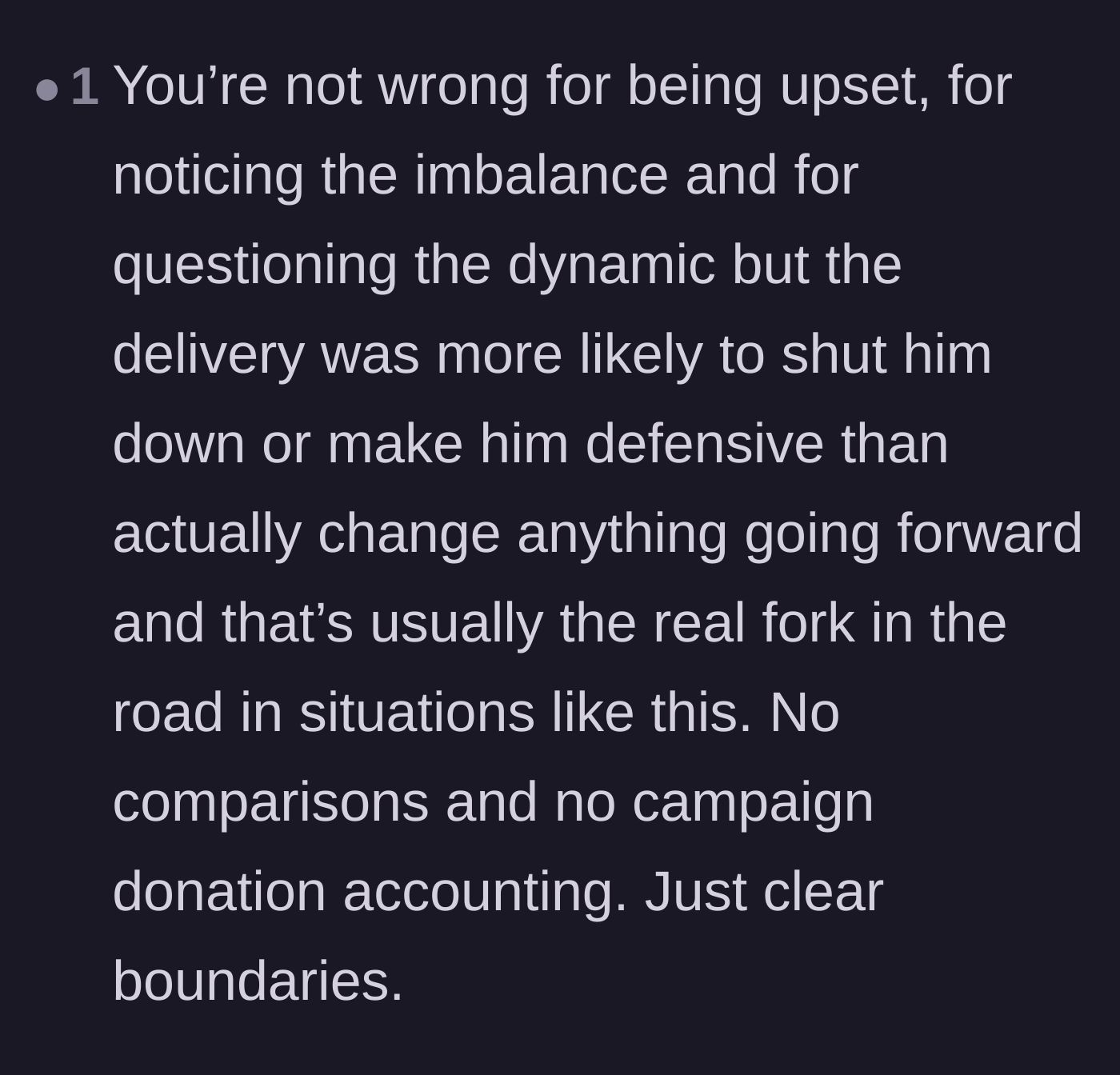 Comment thread 6 - A critique suggesting the text's comparisons were too defensive and that the author should have just set clear boundaries without the accounting.