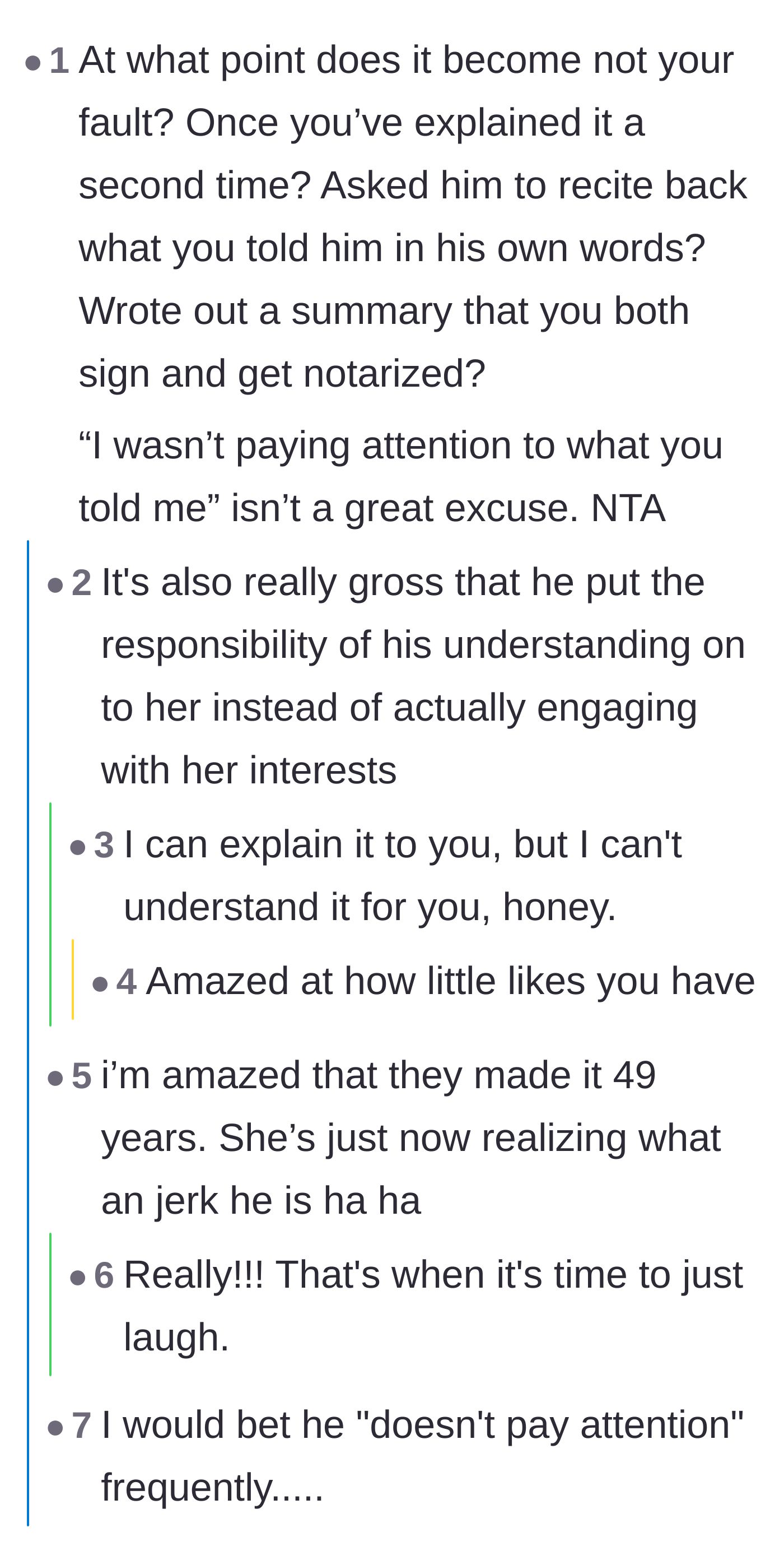 Comment thread 1 - Readers debating the husband's absurd expectation that his wife should force him to pay attention.