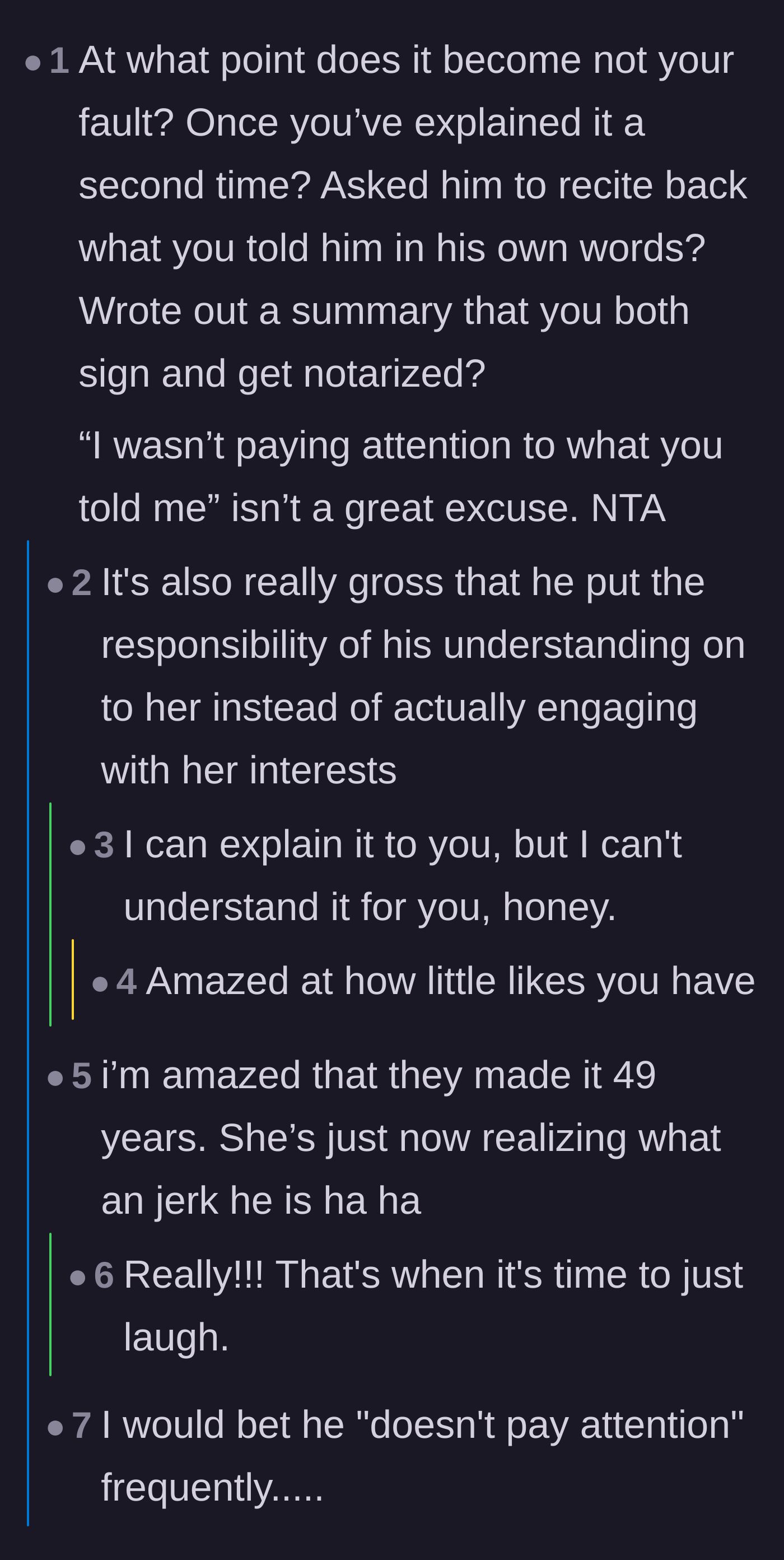 Comment thread 1 - Readers debating the husband's absurd expectation that his wife should force him to pay attention.