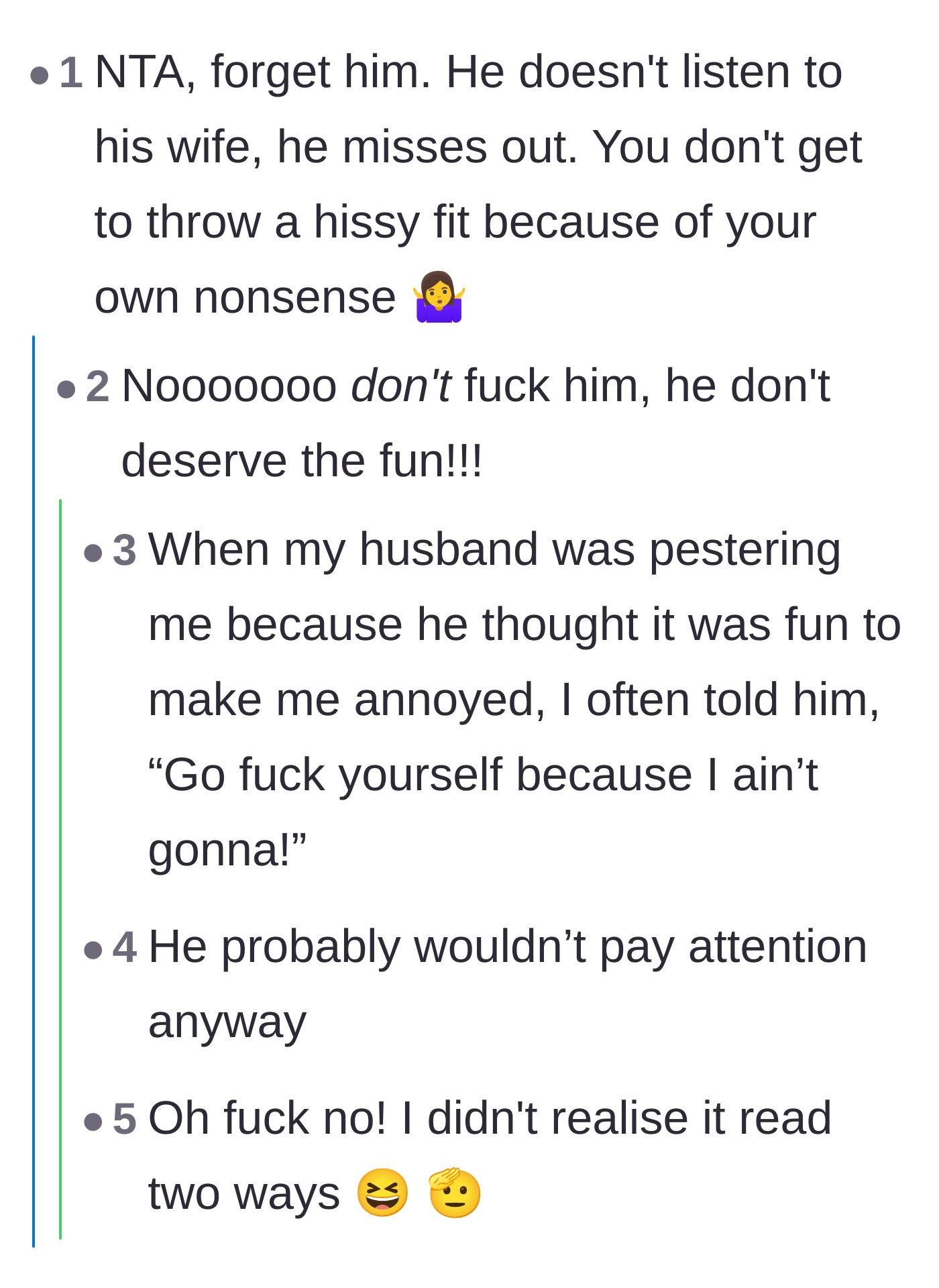 Comment thread 2 - A humorous exchange where readers joke about withholding marital perks as a consequence of his poor listening.