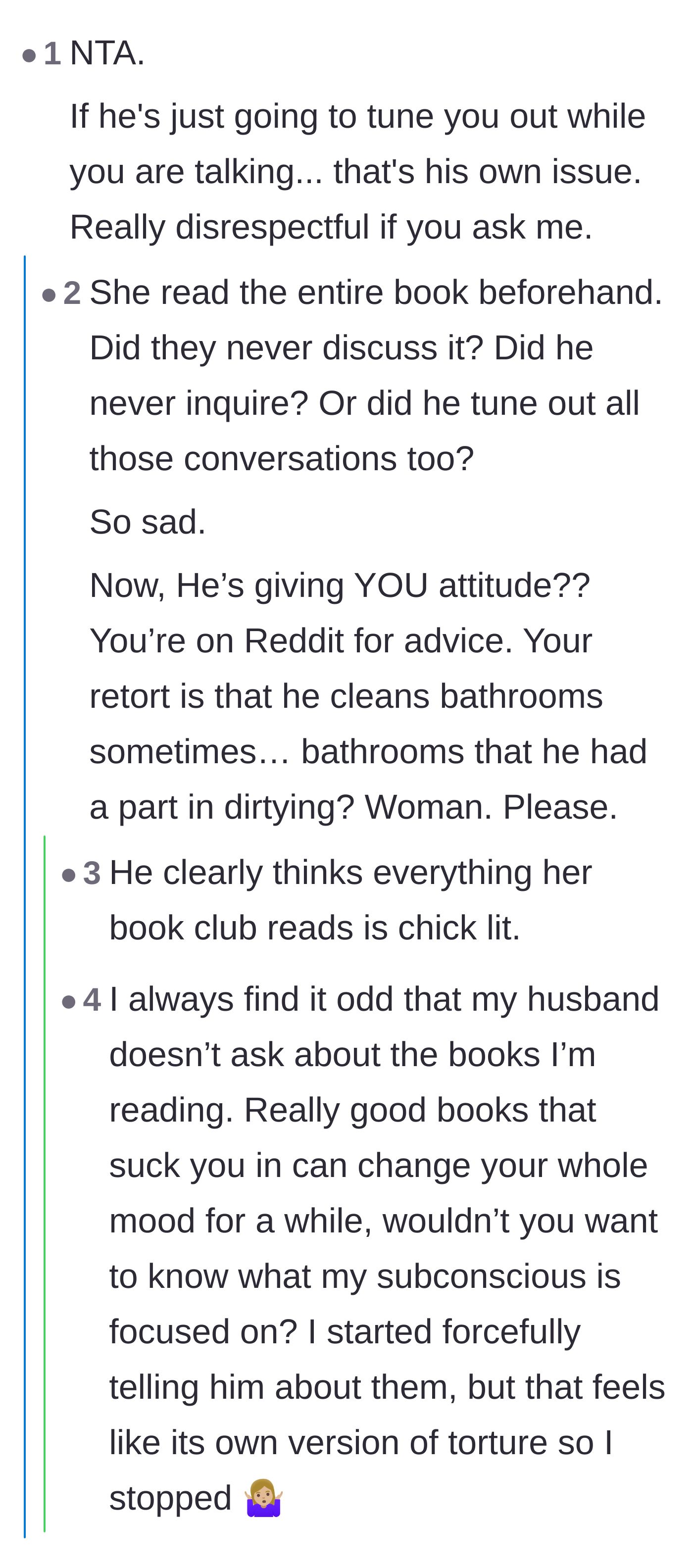 Comment thread 4 - A discussion on how heartbreaking it is when partners never ask about their spouses' hobbies.