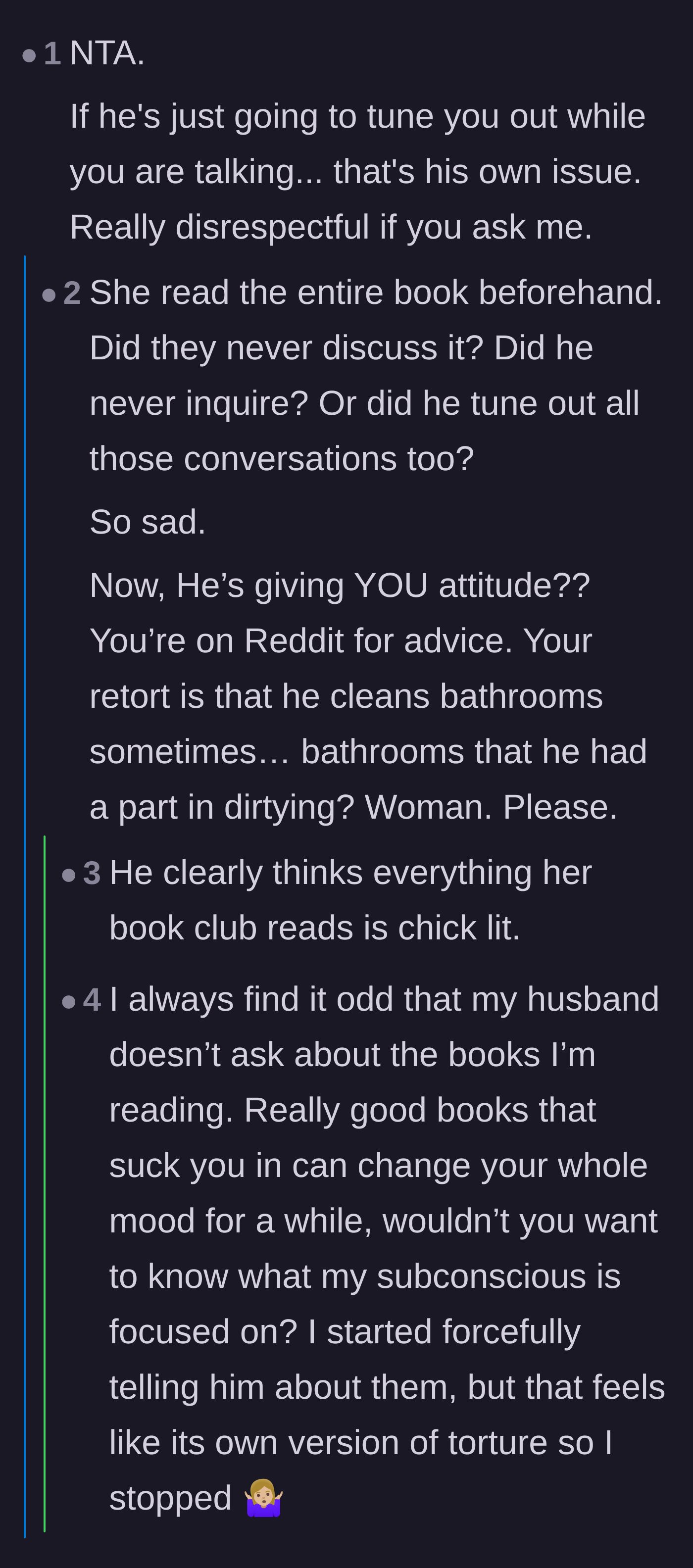 Comment thread 4 - A discussion on how heartbreaking it is when partners never ask about their spouses' hobbies.